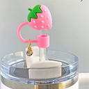 Pink Strawberry Straw Topper With Birth Stone Charm