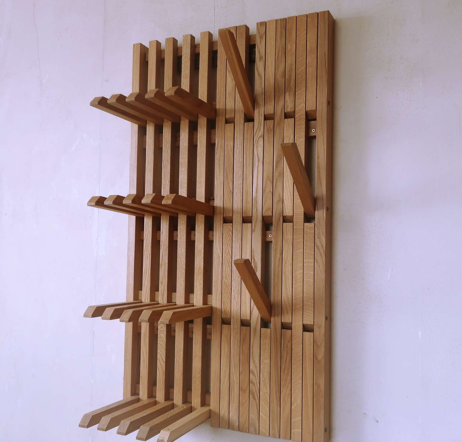 Wall mounted organizer -transformer for shoes and clothes. natural oak