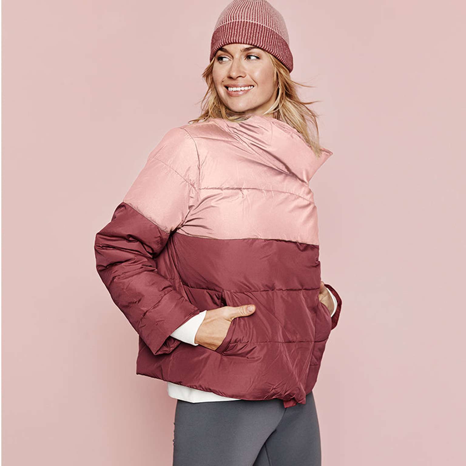 The Colorblock Eco Puffer Jacket - Rosewood & Shell