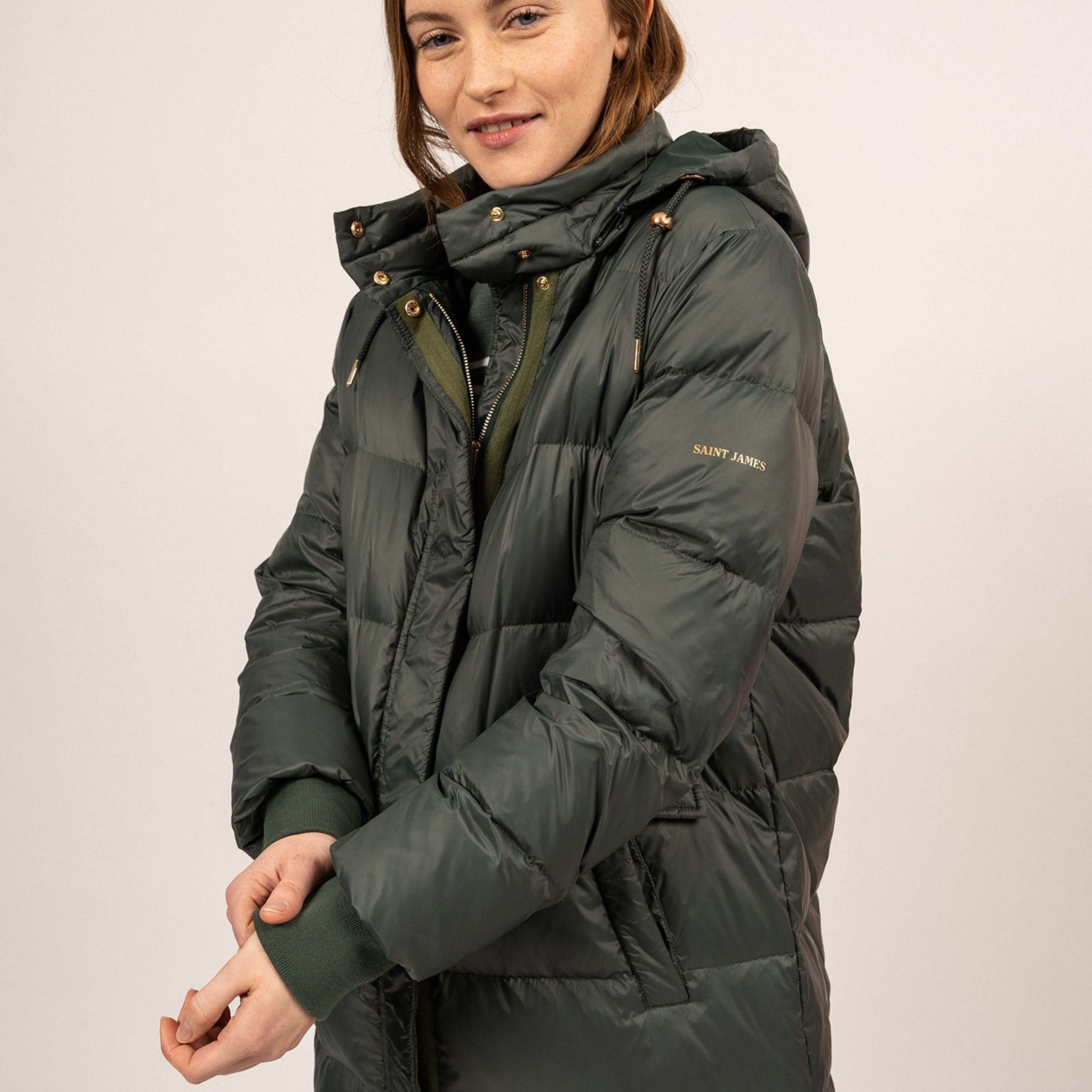 STE FLORINE - Long Down Jacket With Removable Hood for Women (ARMY GREEN)