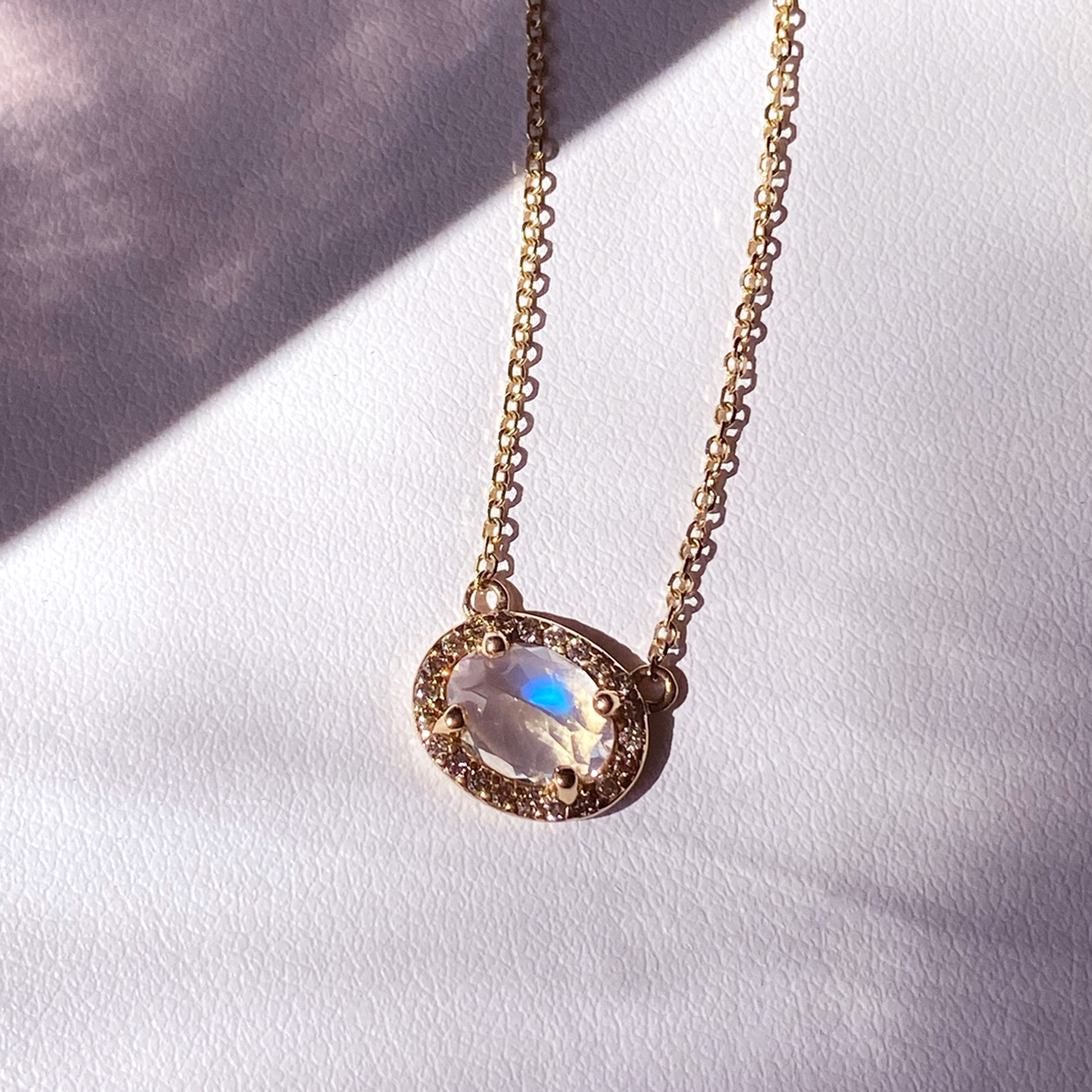 Pavé Amulet Necklace -  14k Gold, Grey Moonstone & Champagne Diamond