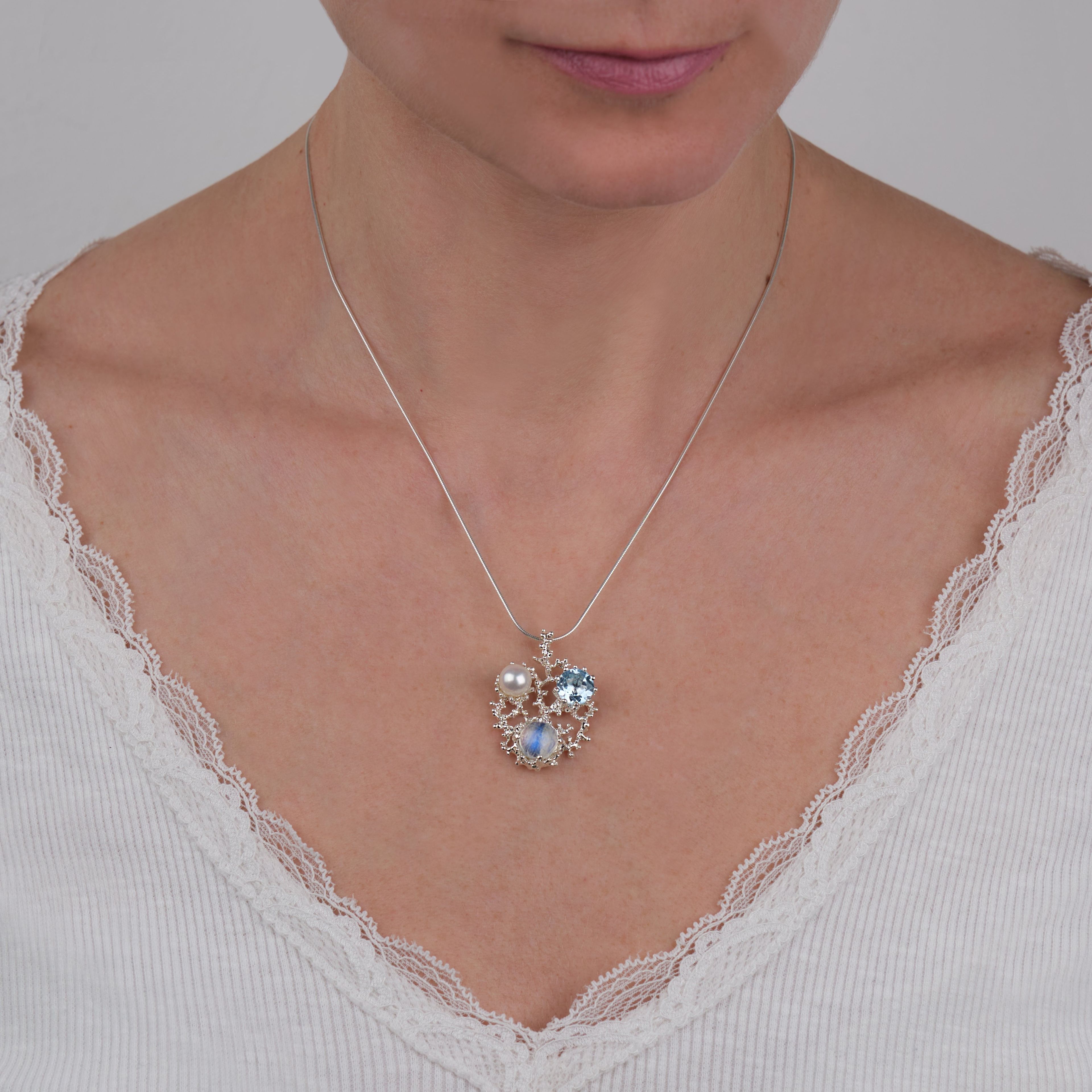 Coral Dream Blue Topaz, Moonstone, White Pearl Pendant Necklace
