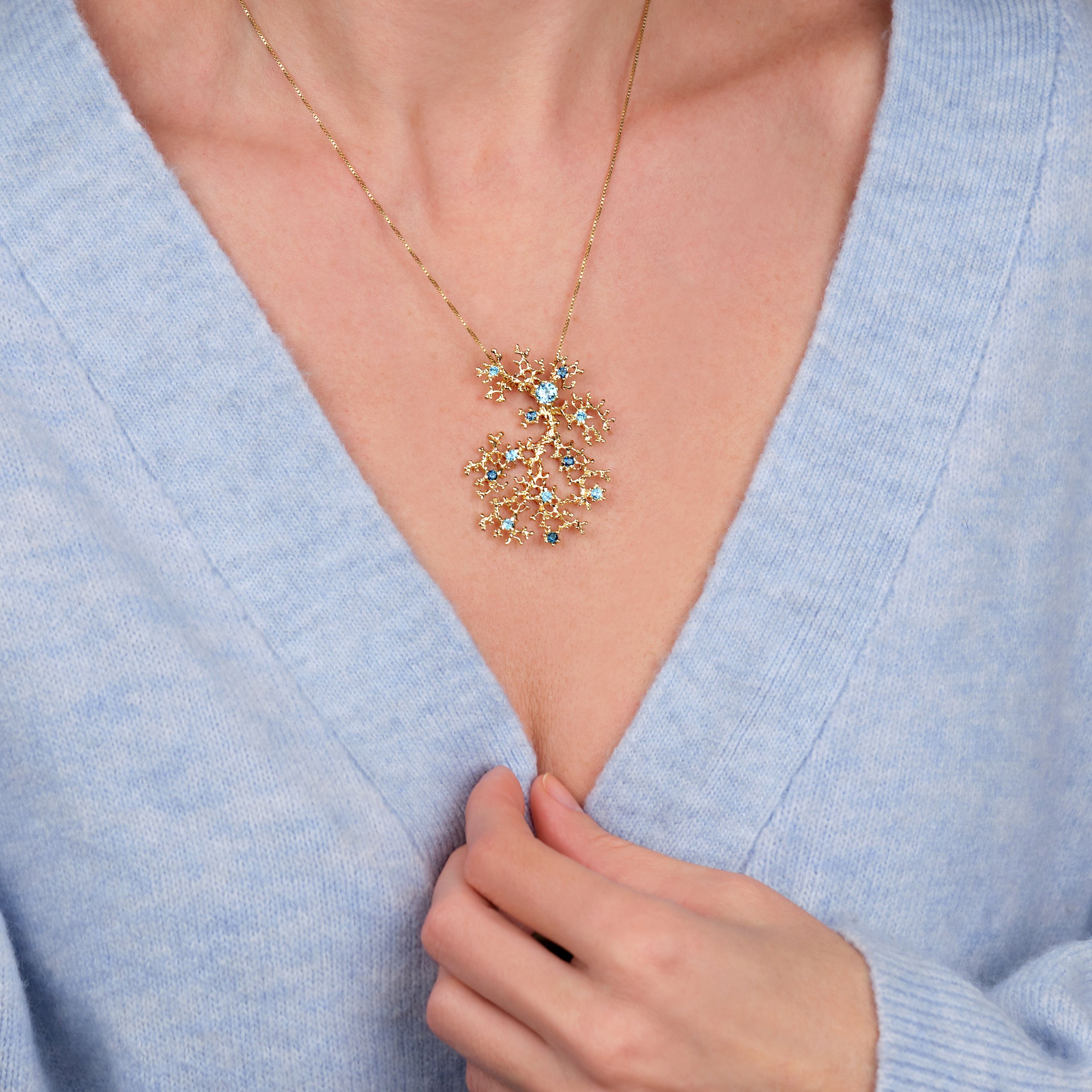 Coral Glam Gold Blue Topaz Pendant Necklace