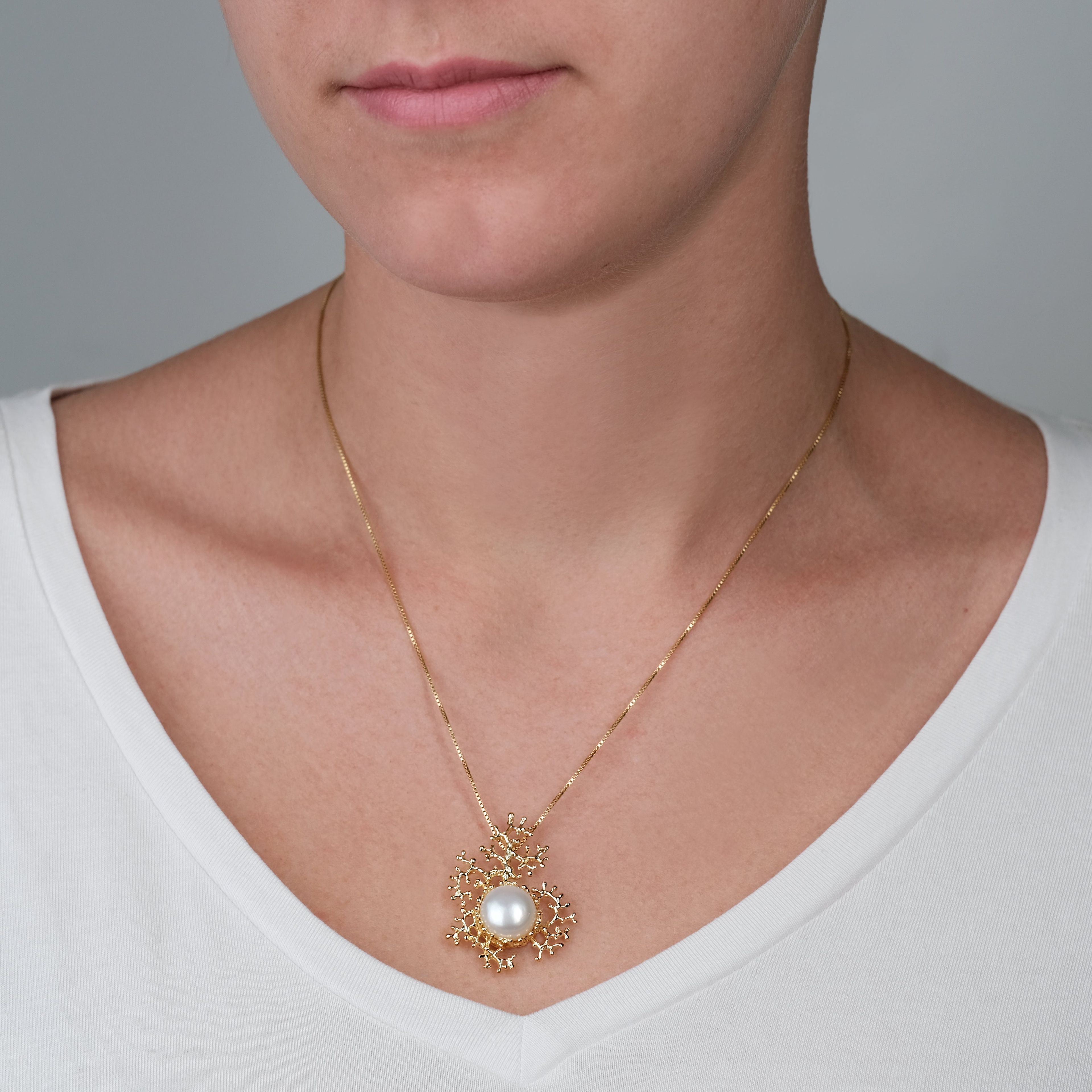 Coral White Pearl Gold Pendant Necklace