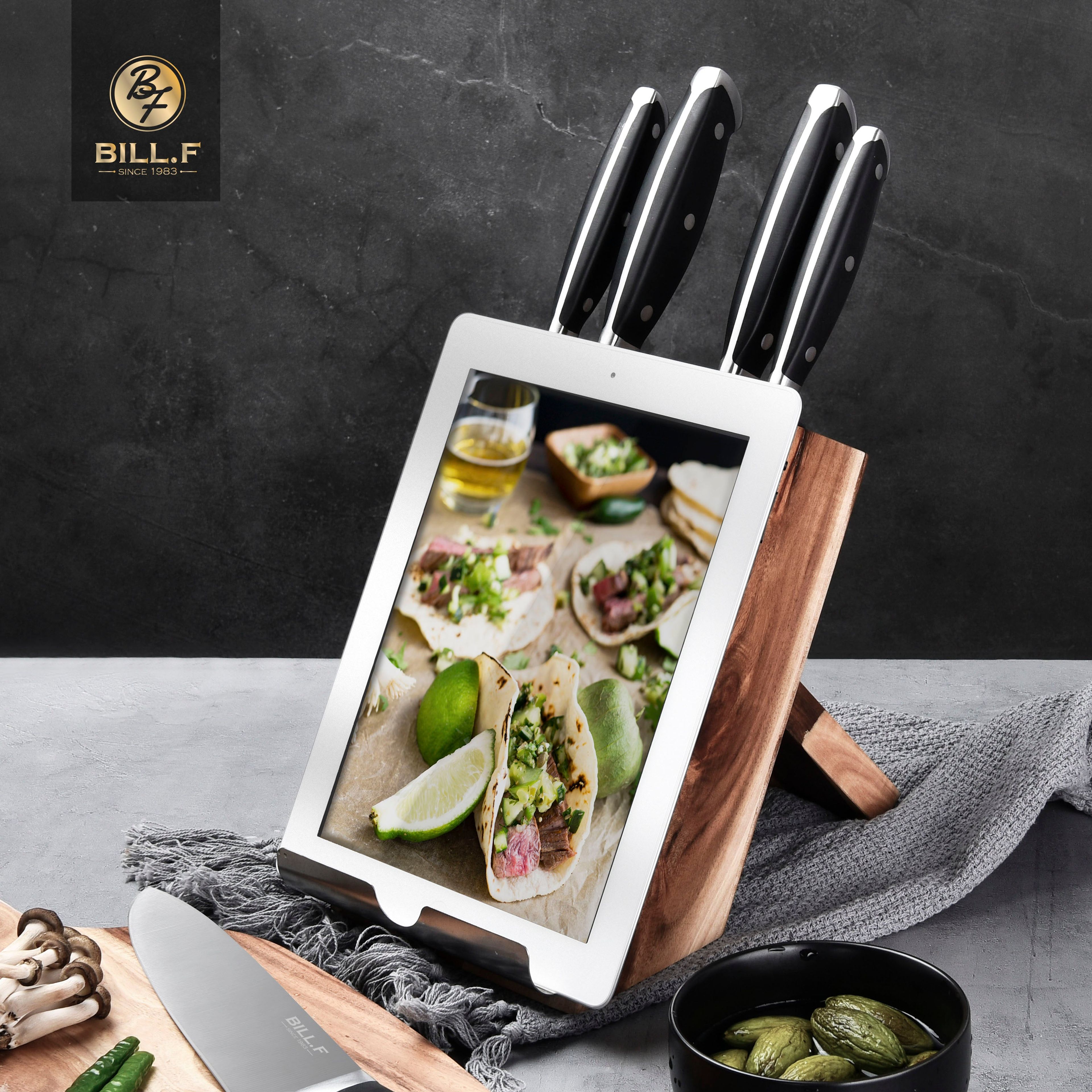 Buy 1 get 1 FREE - Bill.F 6 Pieces Knife Block Set With Tablet/Cookbook Stand