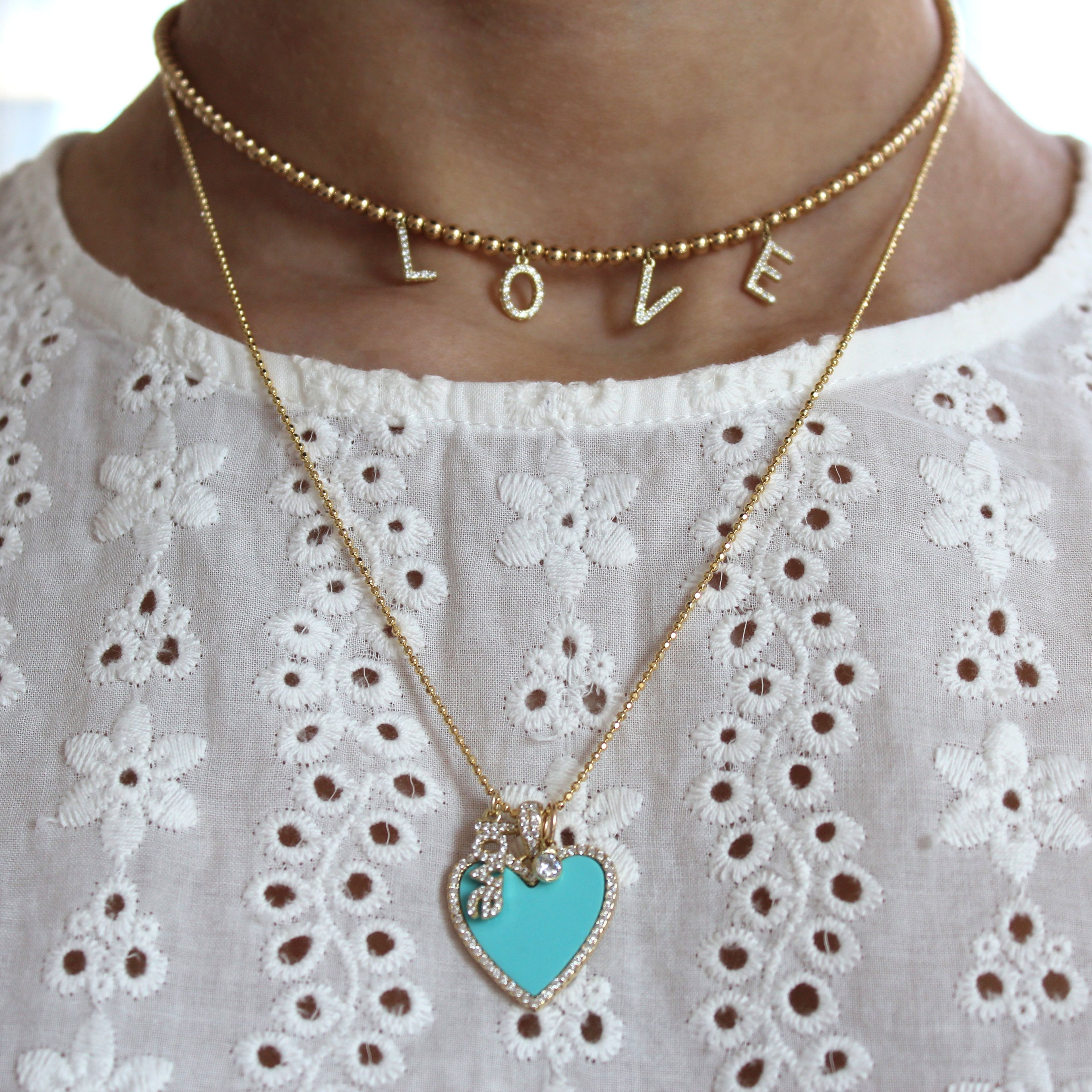 Turquoise Crystal Heart Charm Necklace