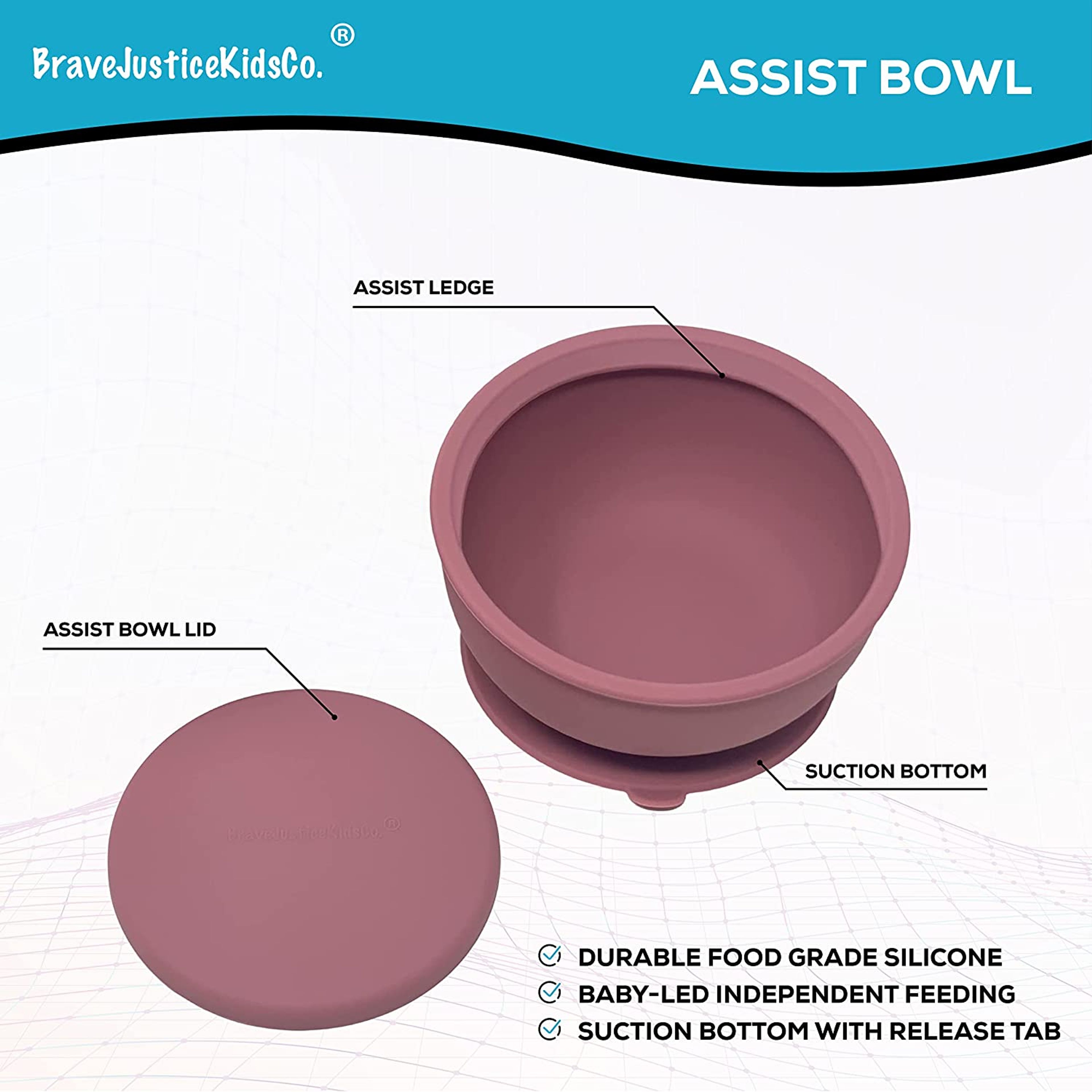 BraveJusticeKidsCo. | Silicone Assist Plate and Assist Bowl Combo Pack for Toddler and Baby | Baby-led feeding