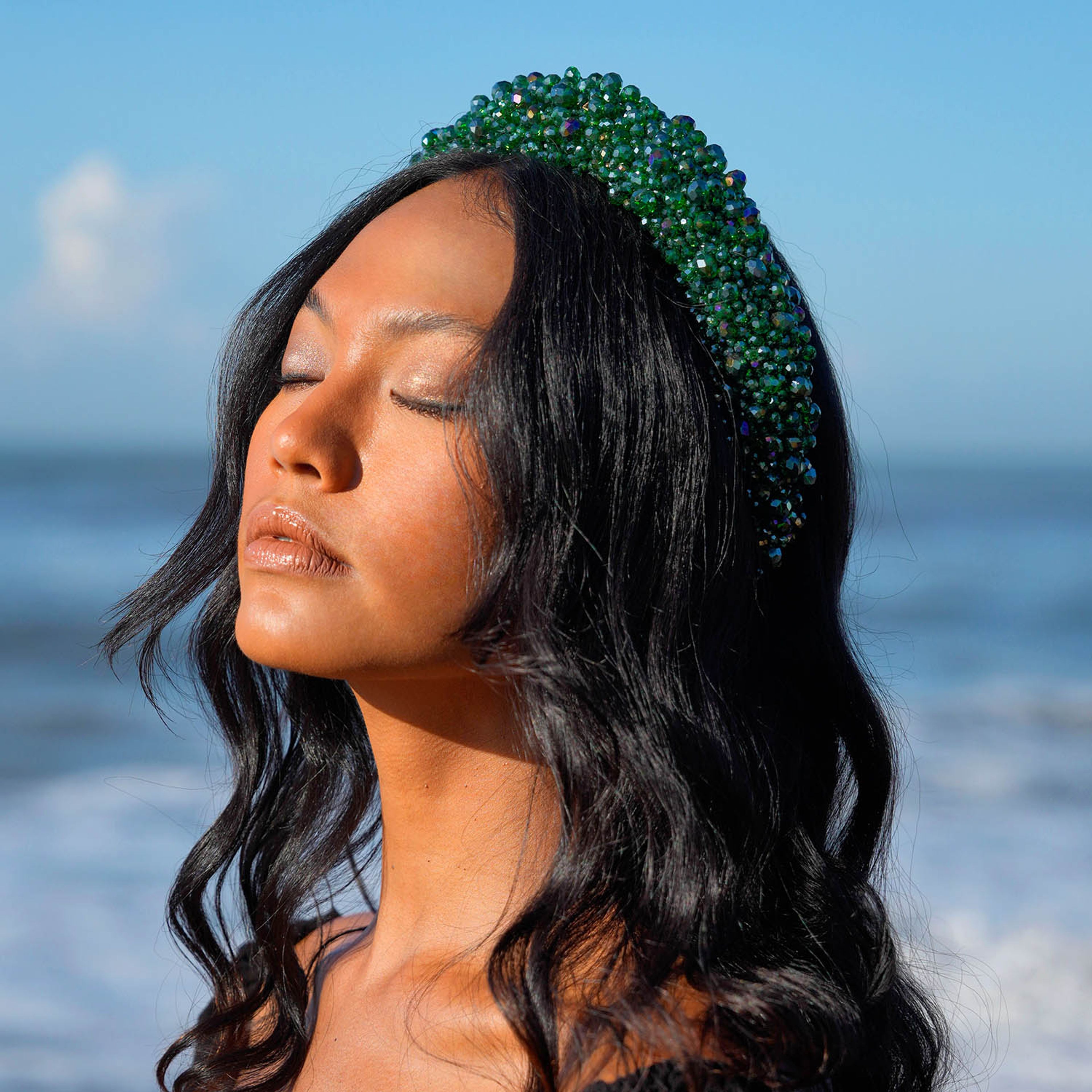 CROWN Glass Crystal Beads Headband In Emerald Green
