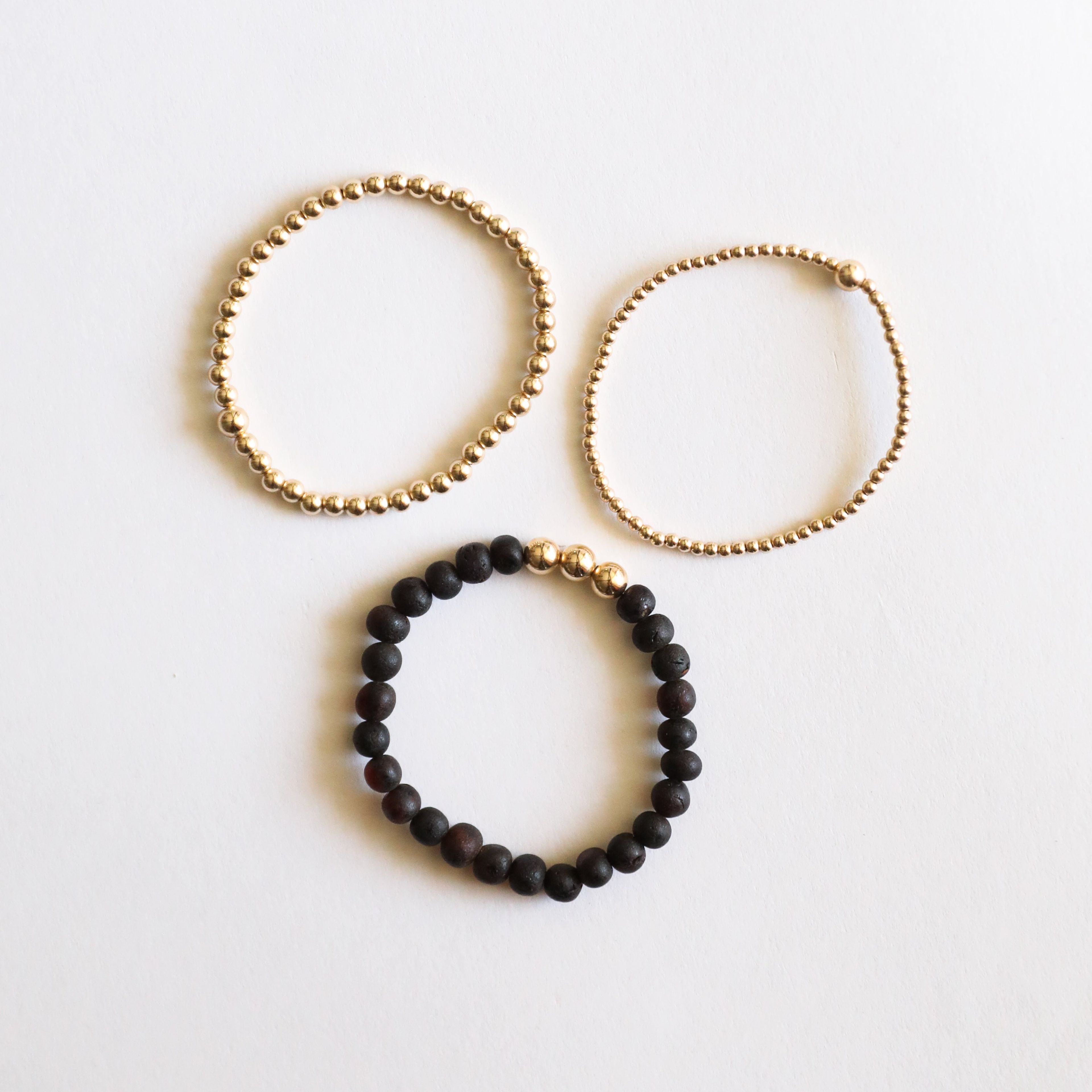 Raw Black Baltic Amber + Gold || Adult Bracelet Stack ||