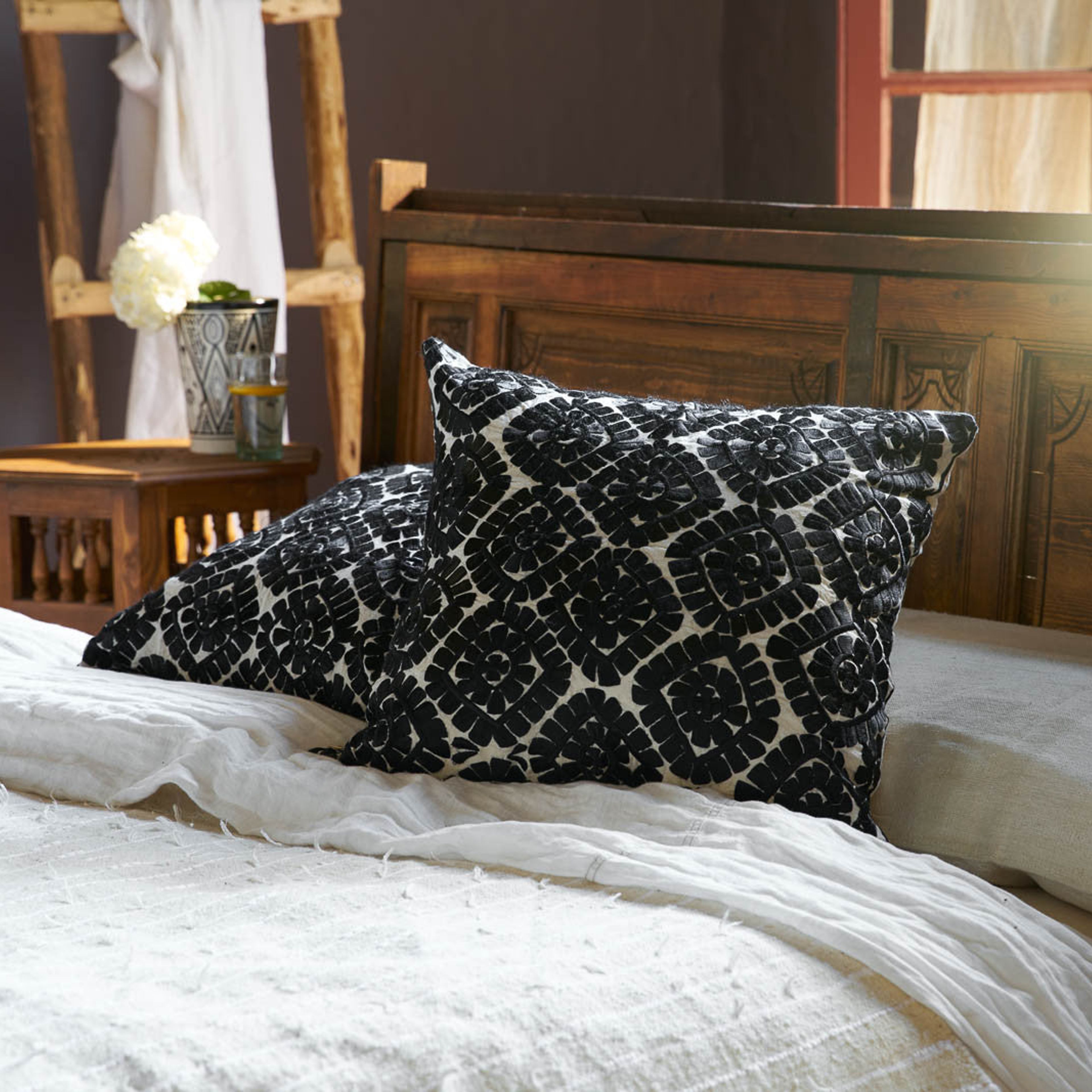Moroccan Embroidered Pillow, Black