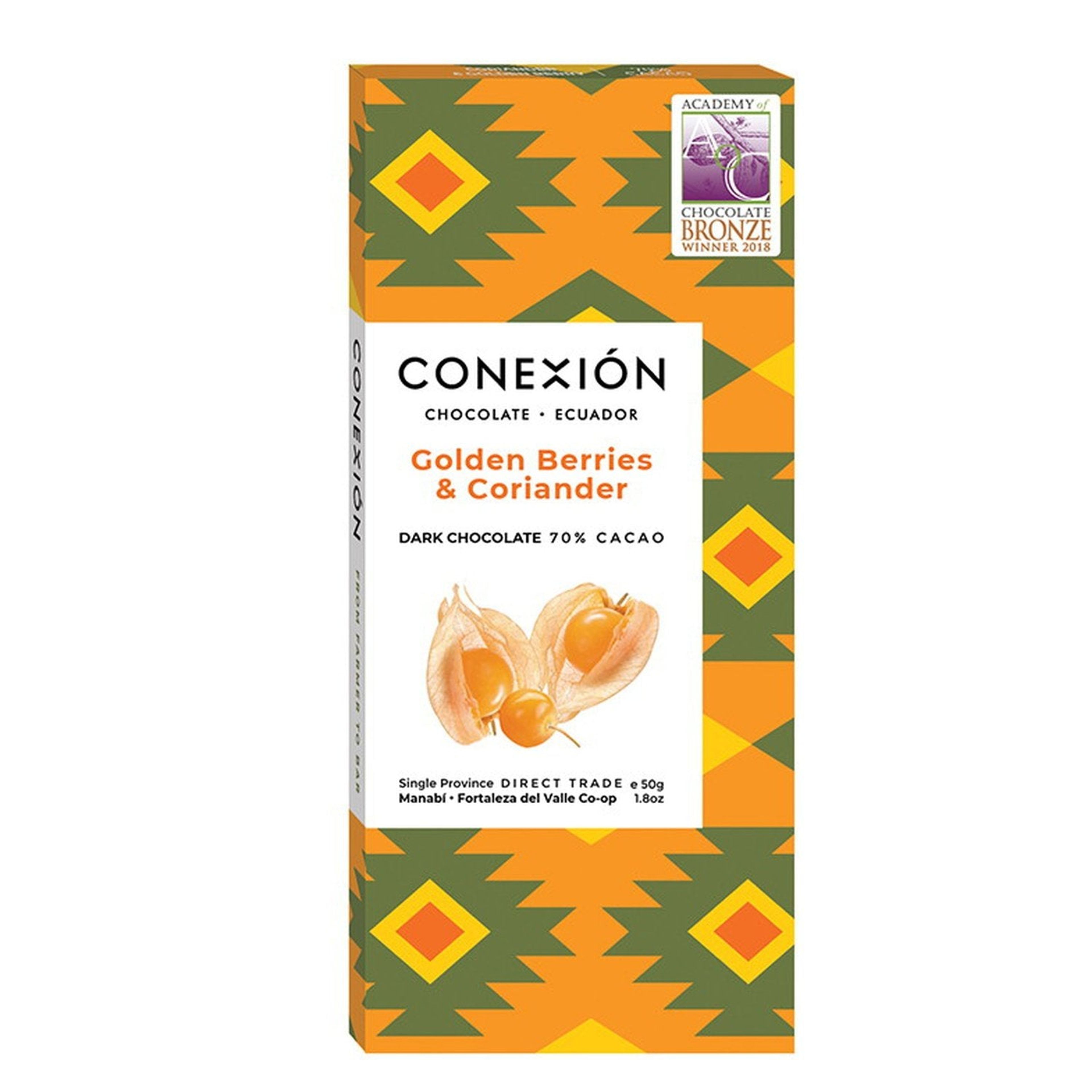 CONEXIÓN 70% Dark Fruity Chocolate Bars Flavored with Golden Berries & Coriander  | 1.76 Oz