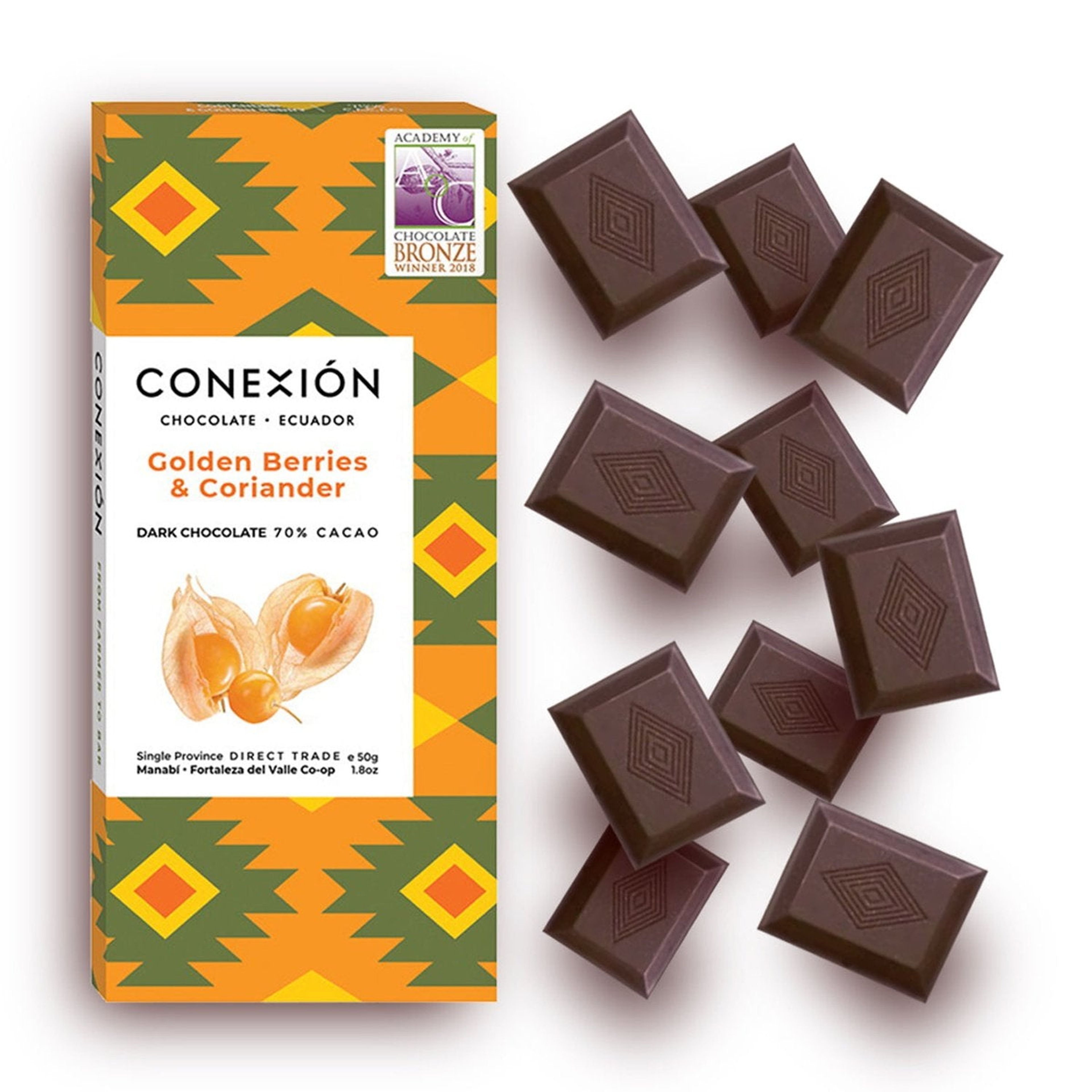 CONEXIÓN 70% Dark Fruity Chocolate Bars Flavored with Golden Berries & Coriander  | 1.76 Oz