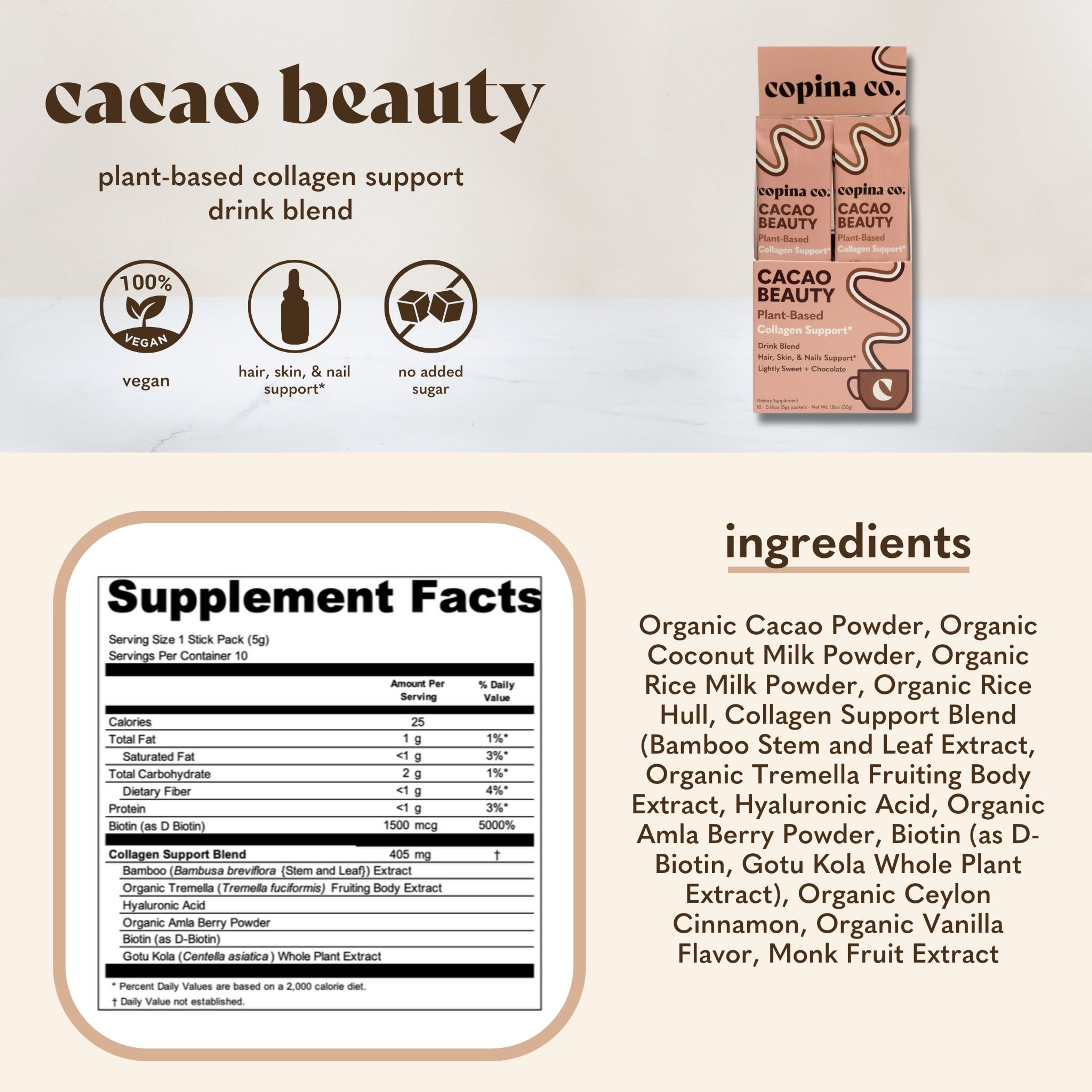 Cacao Beauty Plant-Based Collagen Support Drink Blend Stick Packs