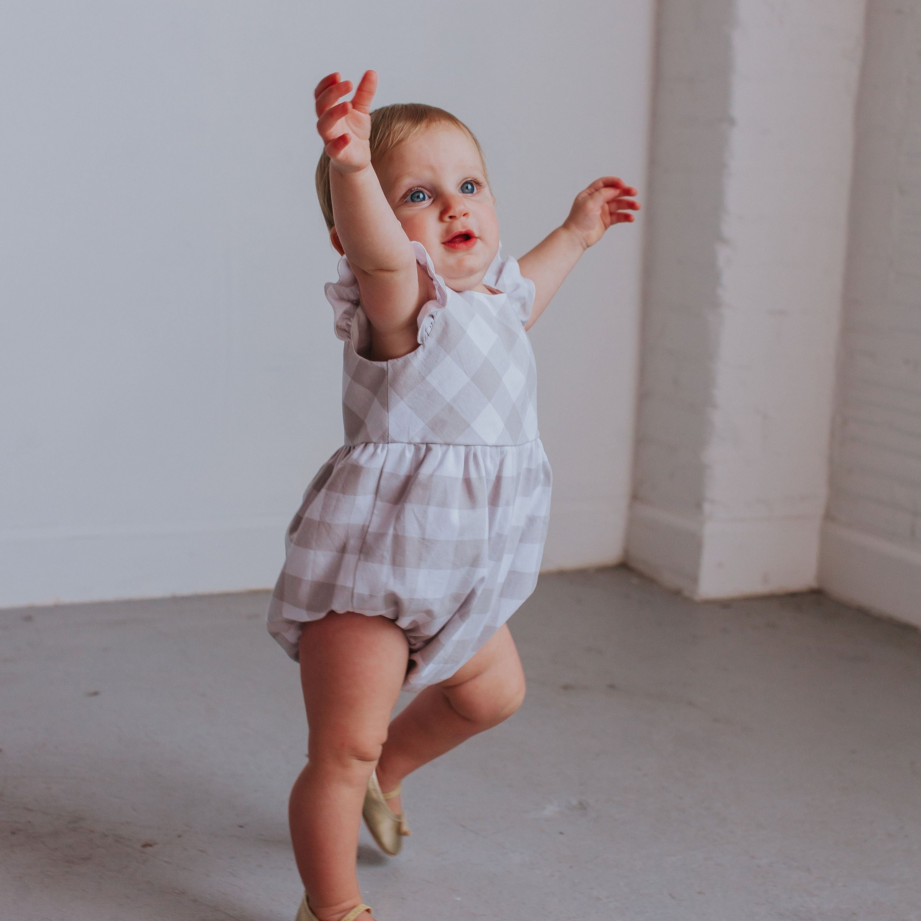 Infant Girl's Gray-Beige Plaid Cotton Bubble Romper