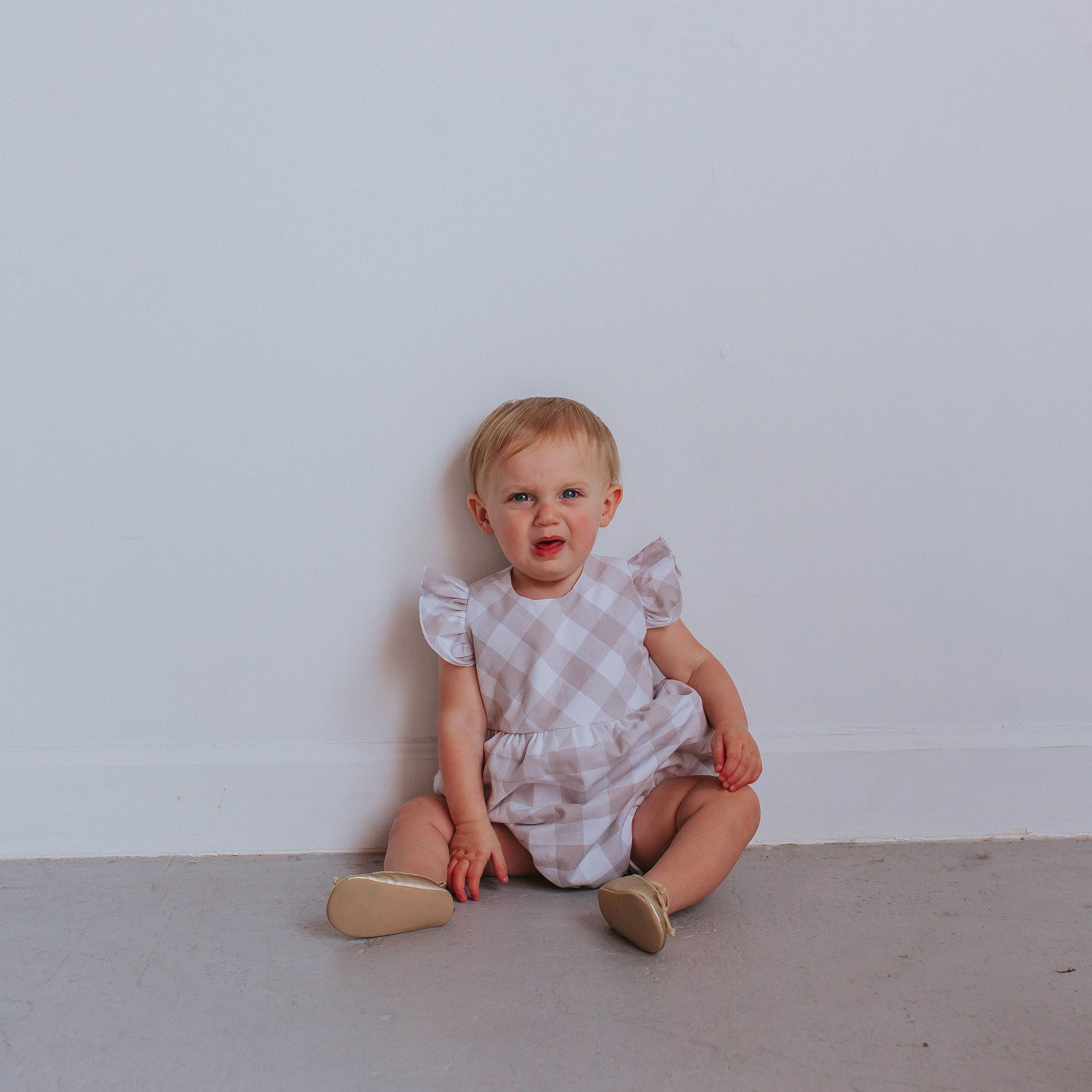 Infant Girl's Gray-Beige Plaid Cotton Bubble Romper