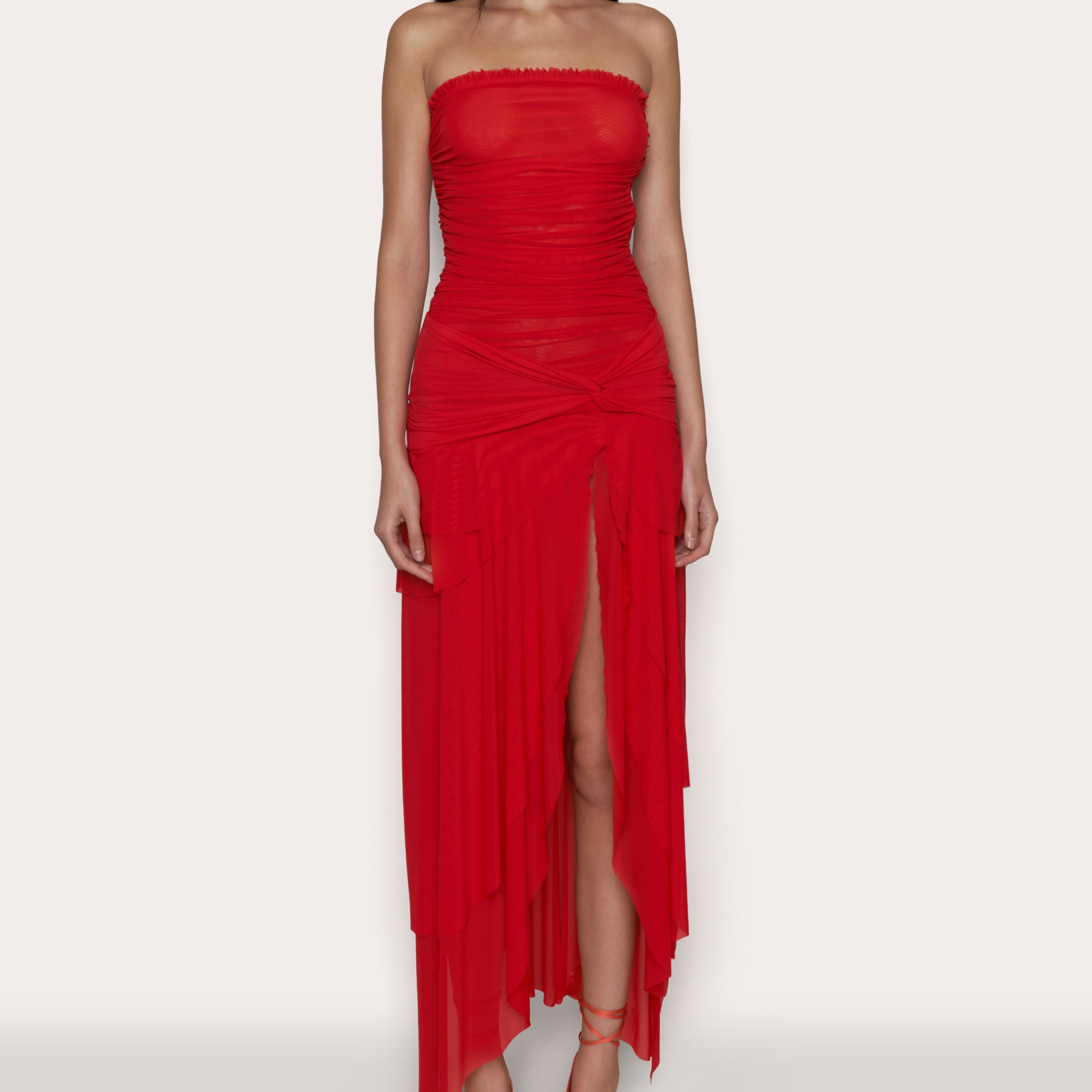 Rabia Red Lace Up High Slit Satin Dress – Miss Circle