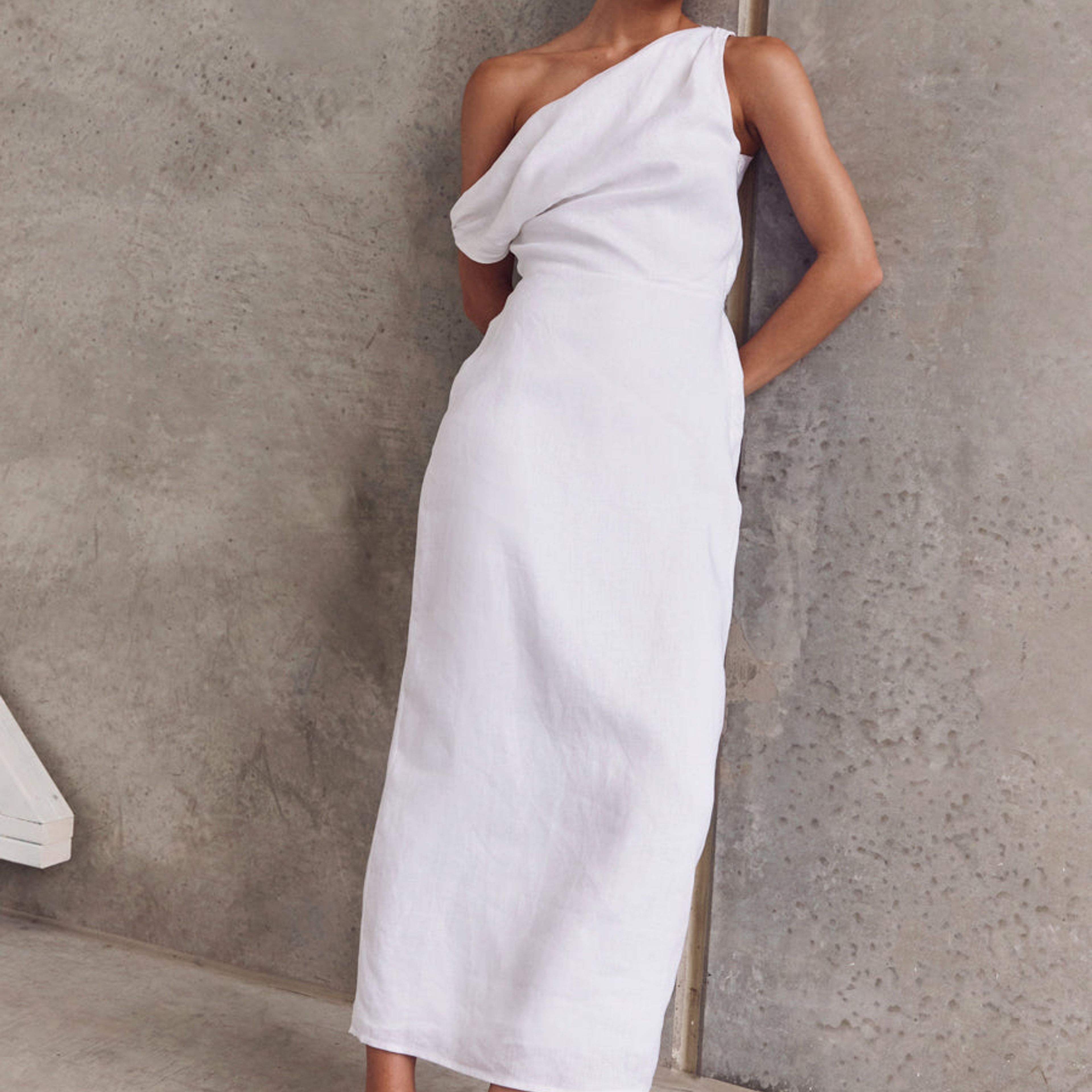 Cass White Linen Asym Midi Dress