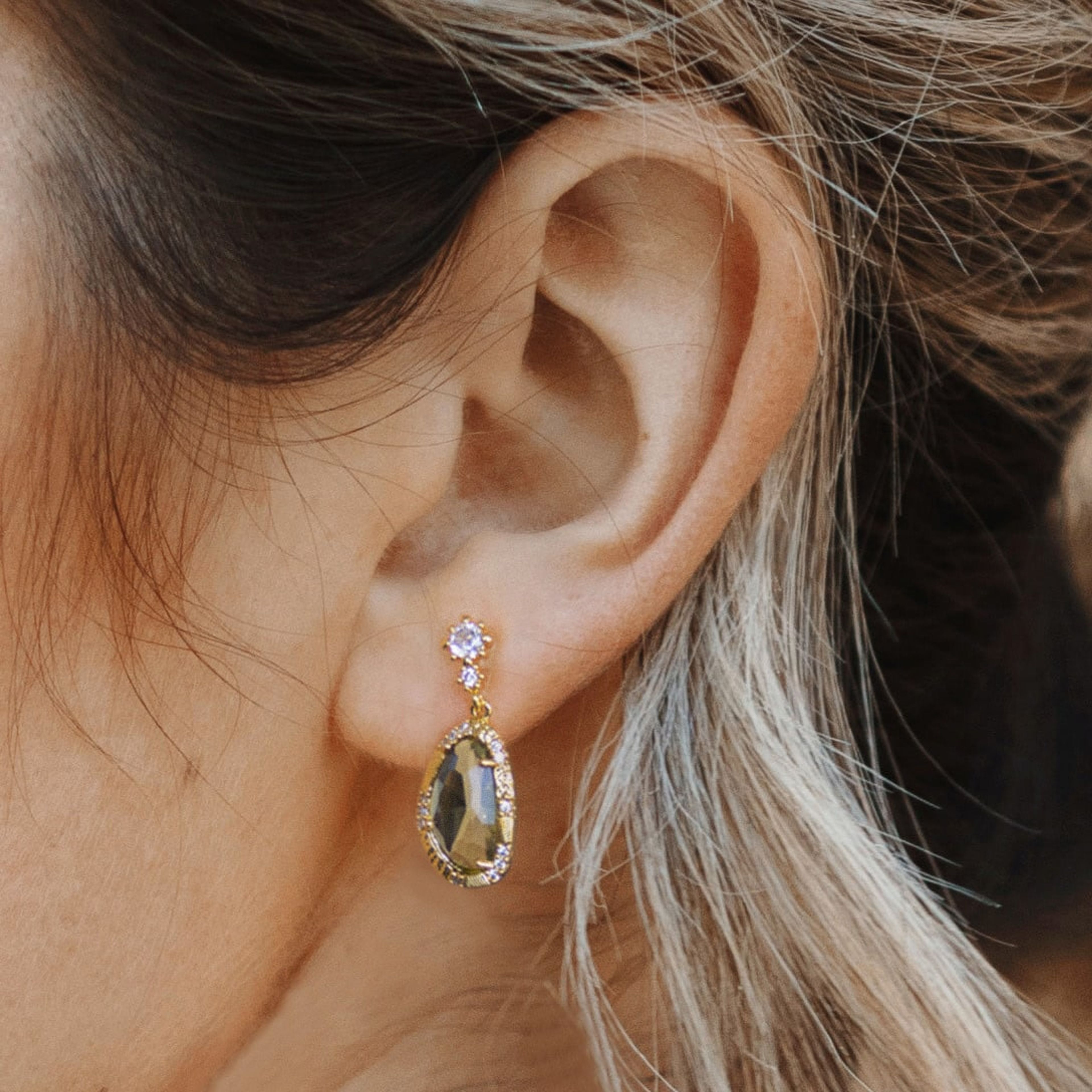 Gemma Gold Drop Earrings in Olive Green