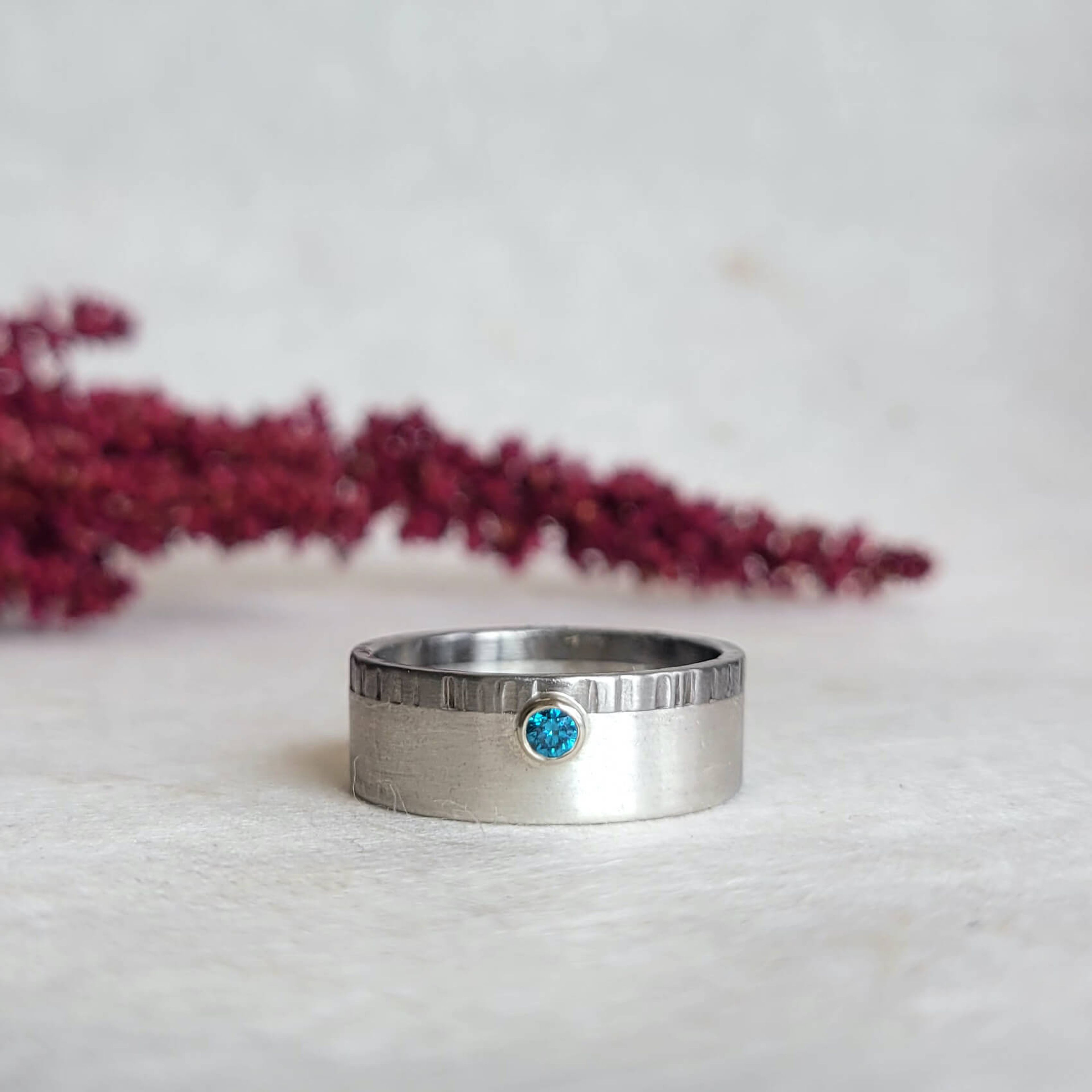 8mm Band in Hammered Palladium and Satin Sterling Silver with Blue Diamond Accent