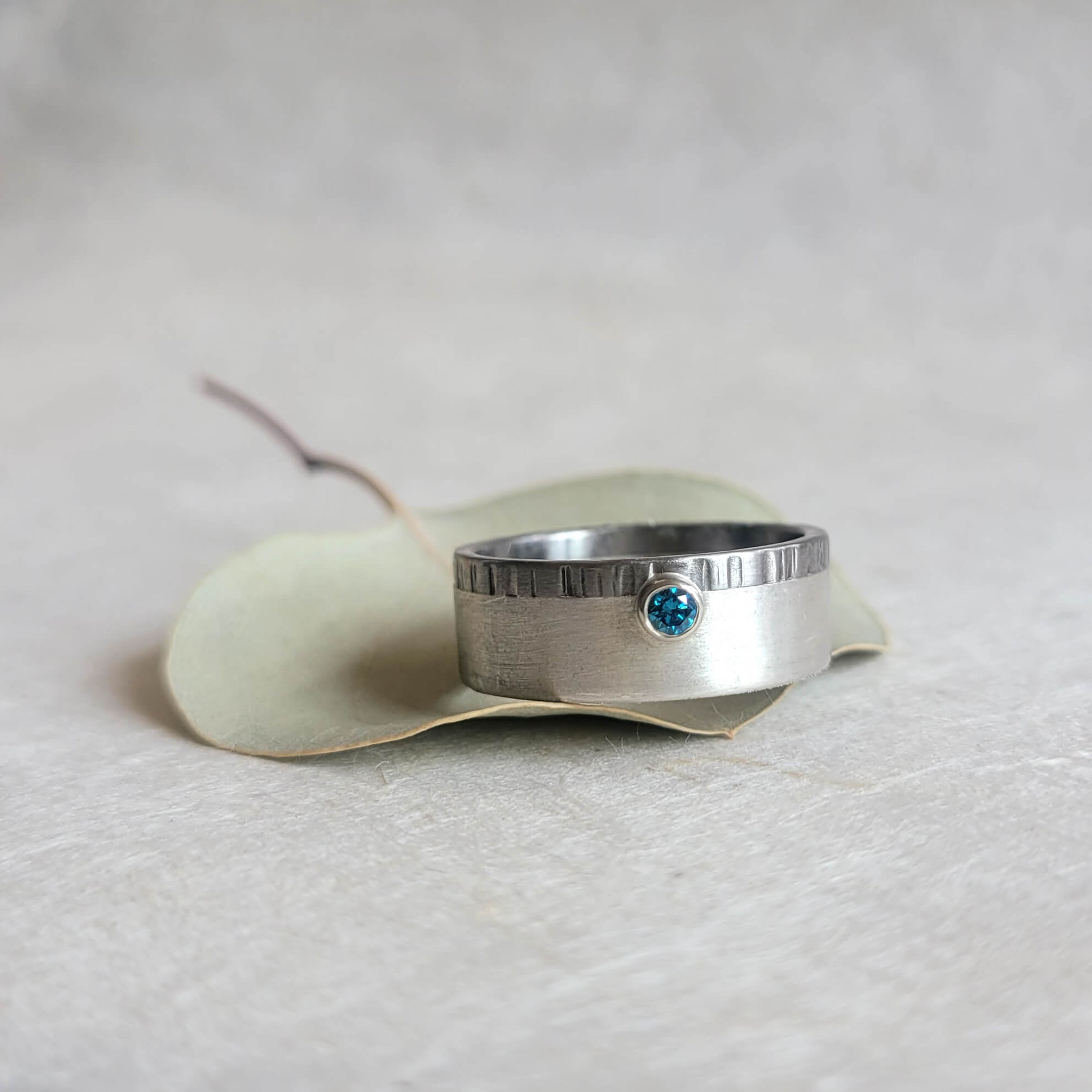 8mm Band in Hammered Palladium and Satin Sterling Silver with Blue Diamond Accent