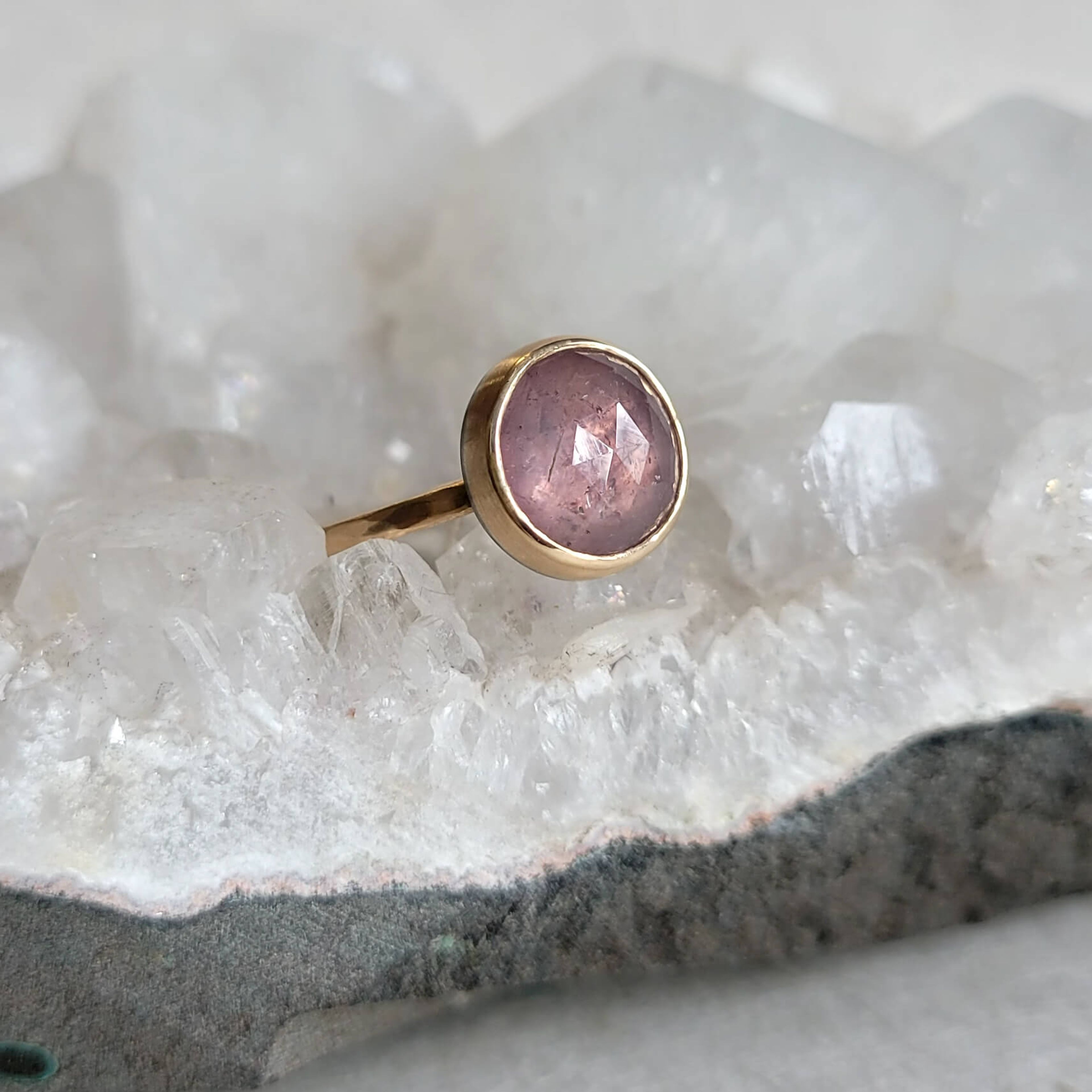 Round Rose Cut Pink Sapphire Ring in Yellow Gold
