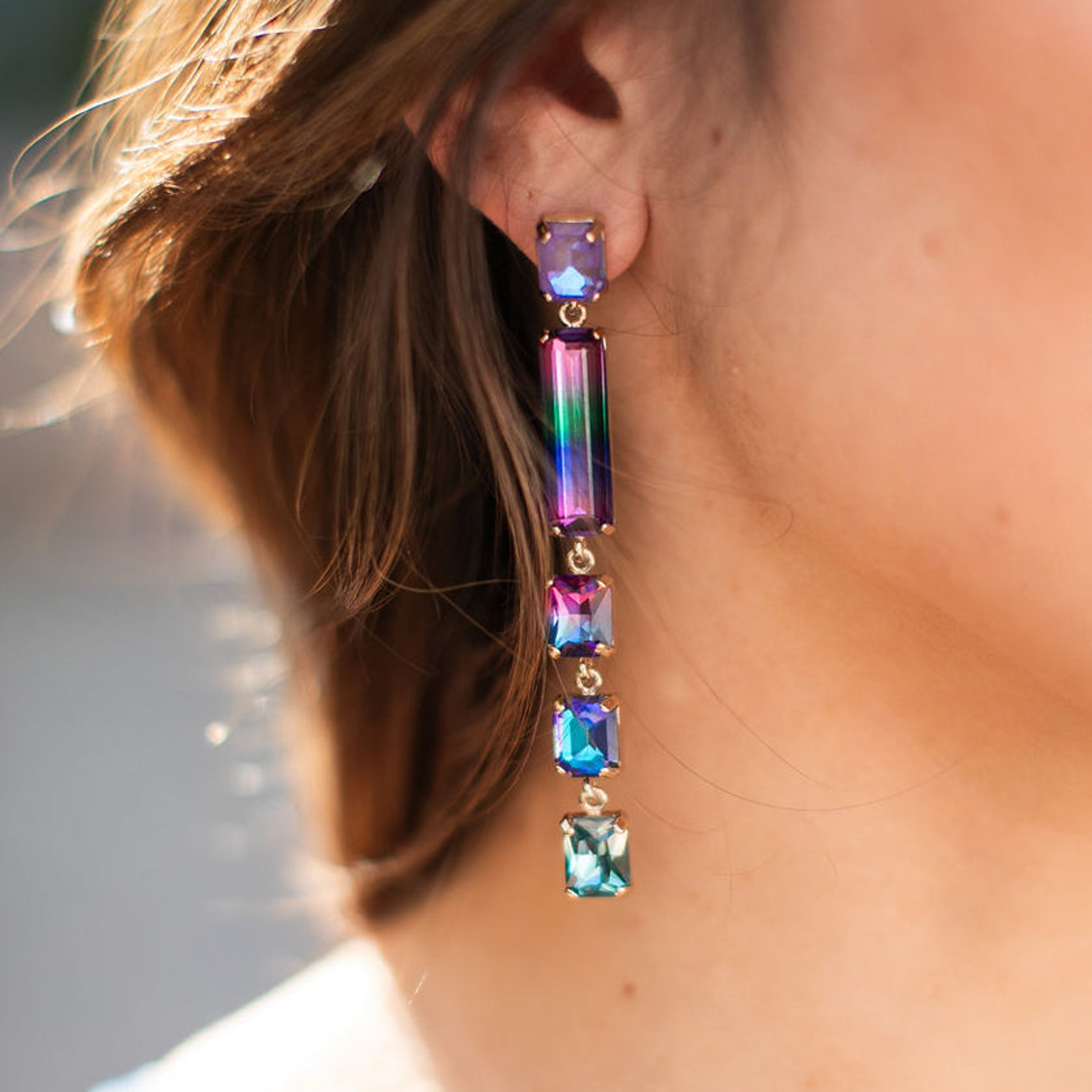 Day Tripper Asymmetrical Linear Crystal Earrings | Multi
