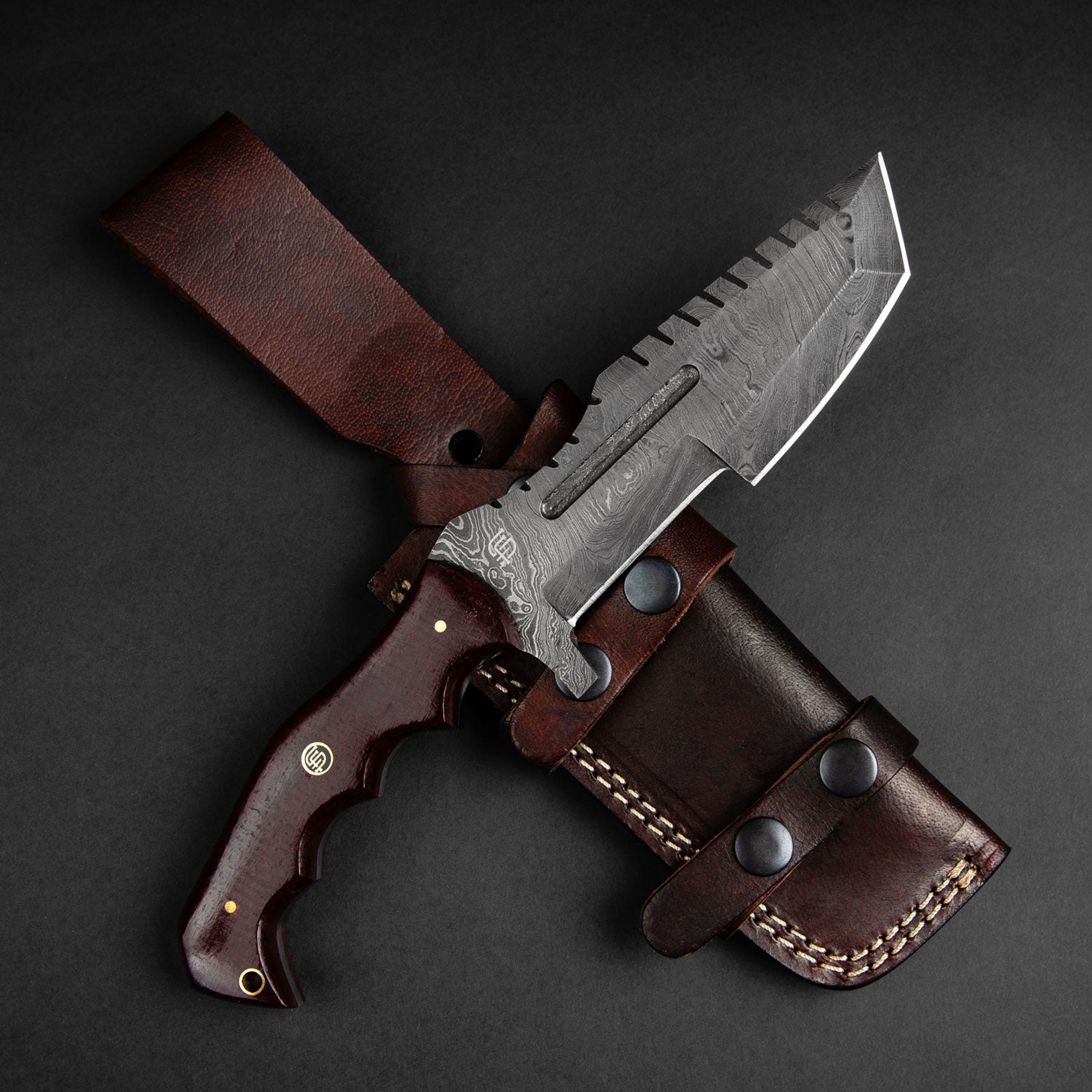 Kimura Handmade Damascus Steel Warrior Tanto Knife - Brown Micarta