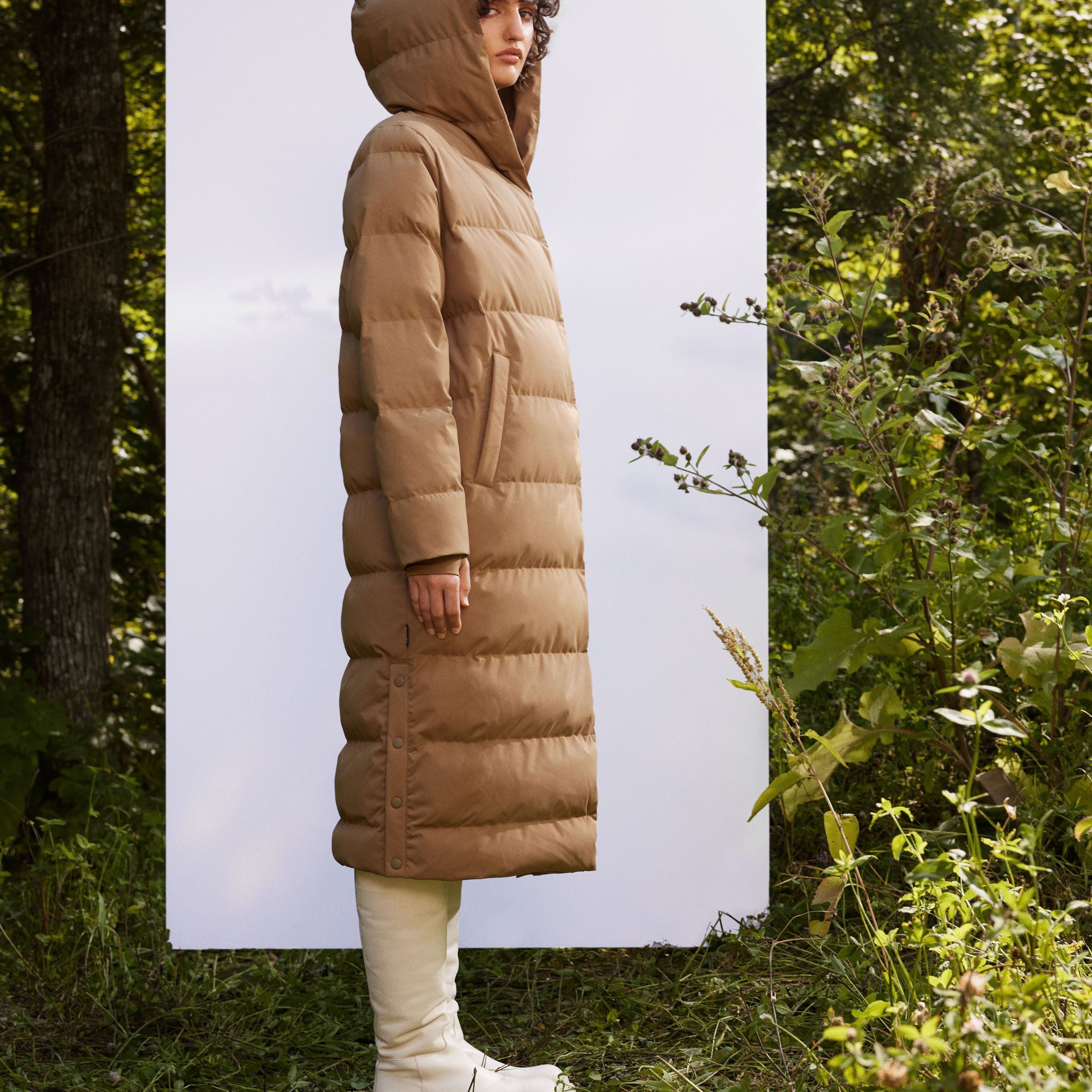 The Highland Long Puffer Coat in Amber Brown