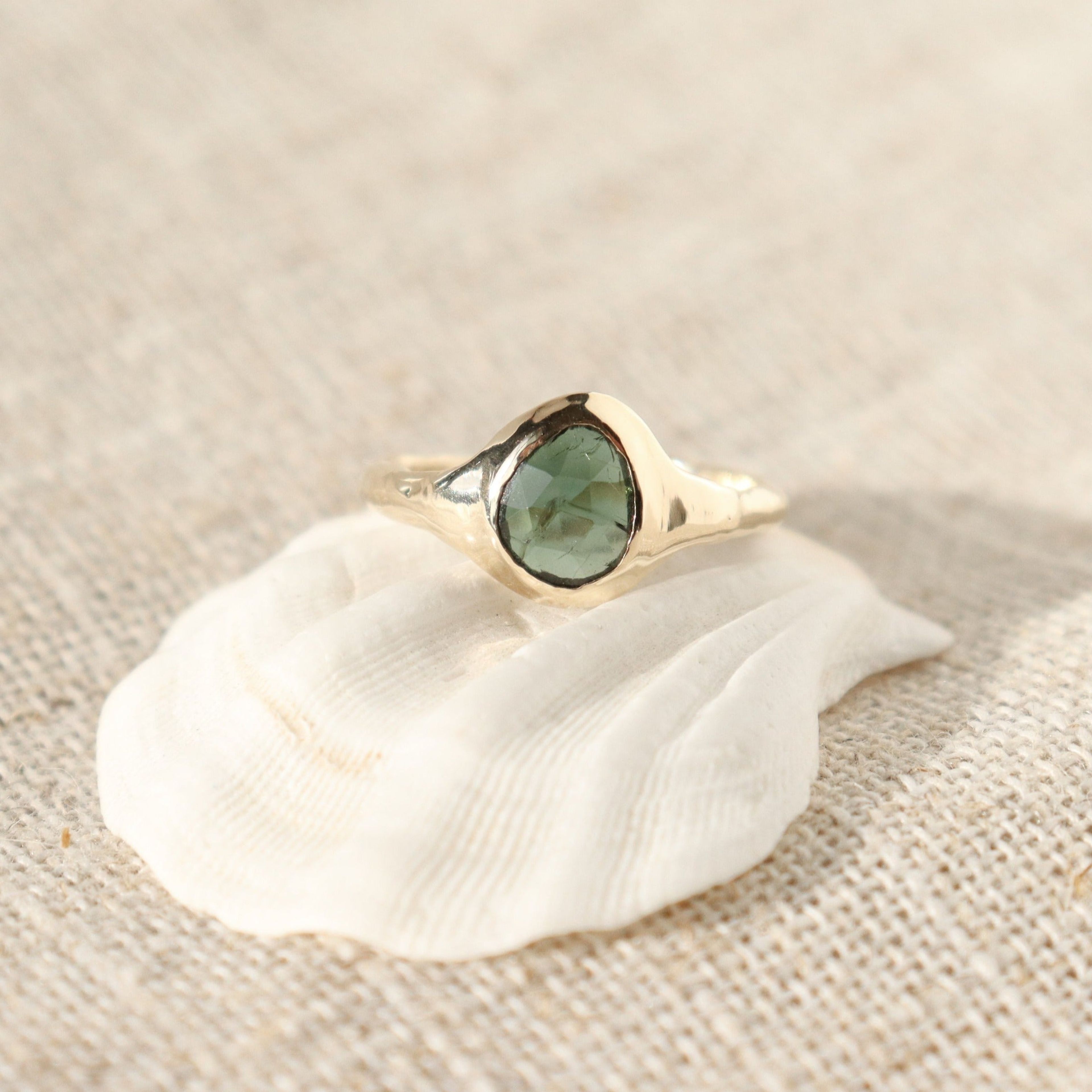 Blue Green Tourmaline Signet Ring | 14k Gold