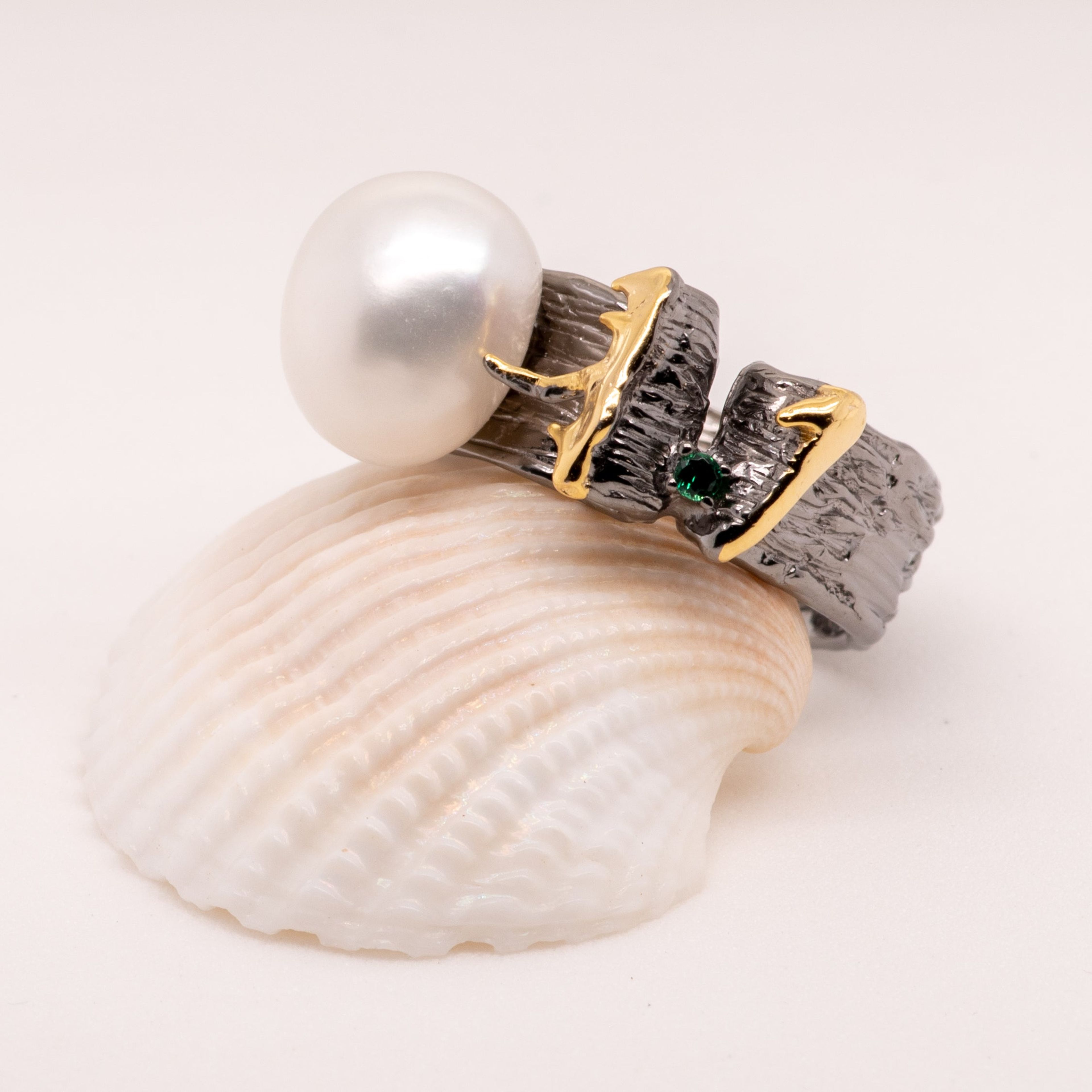 Irta Green Spinel Baroque Pearl Ring in Sterling Silver