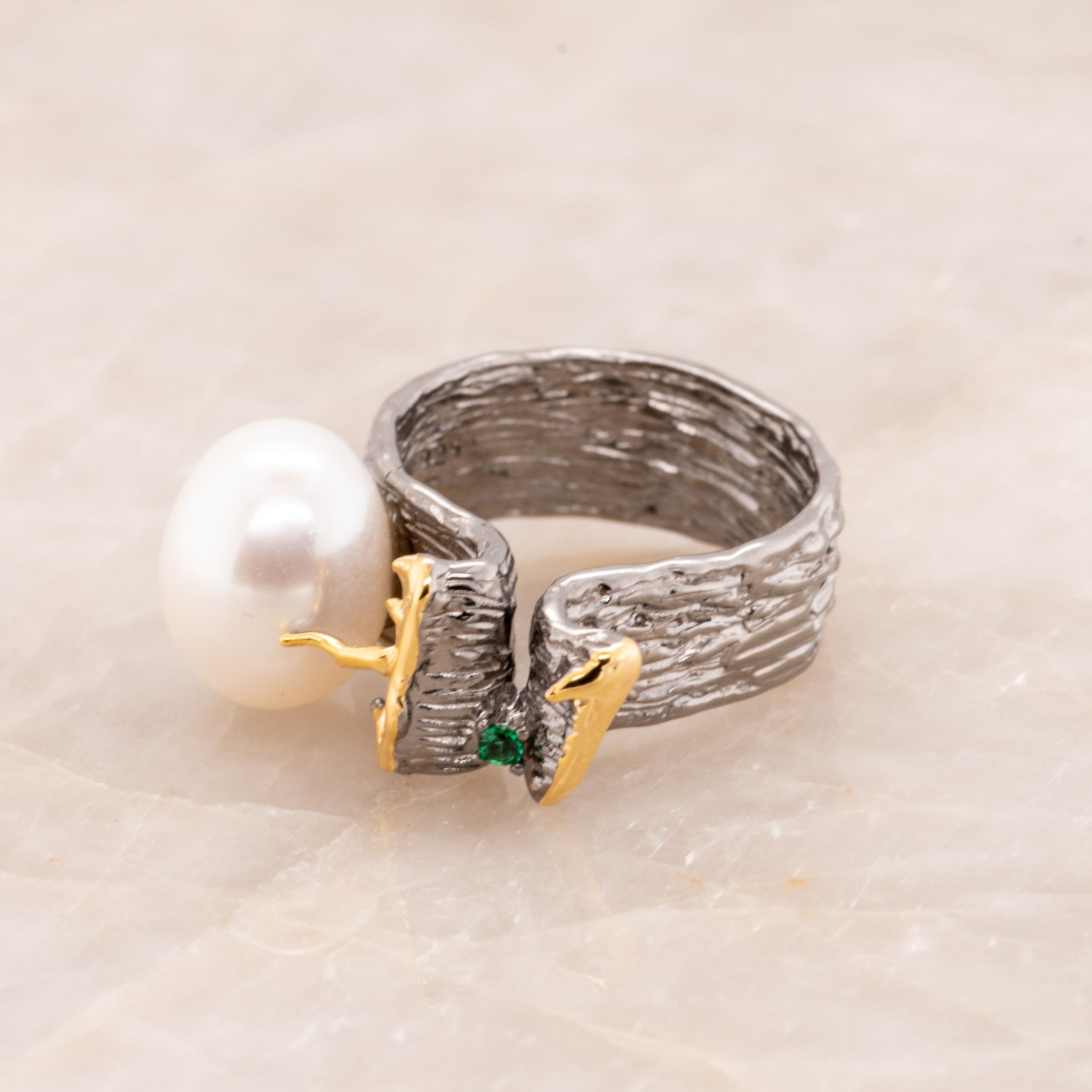 Irta Green Spinel Baroque Pearl Ring in Sterling Silver