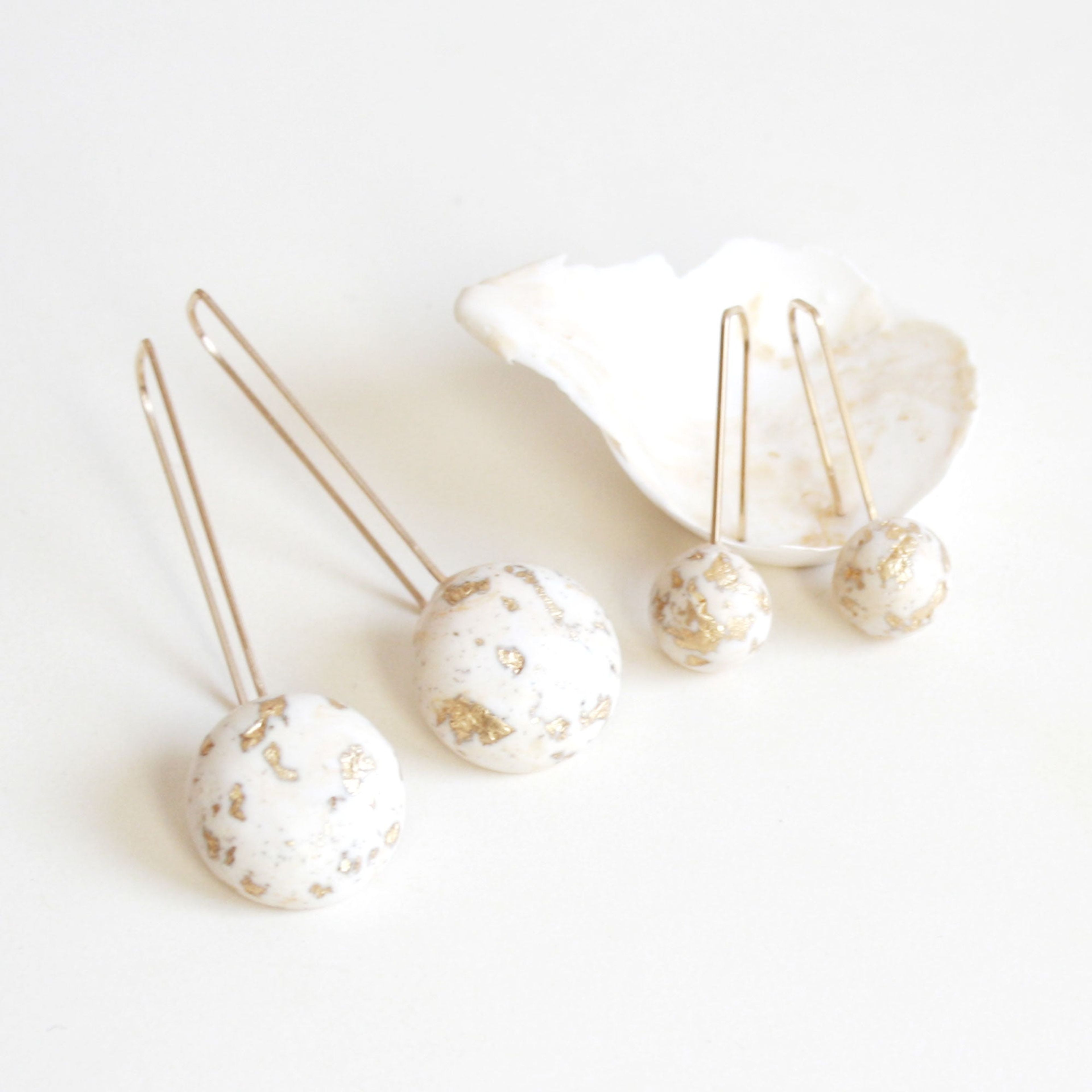 Large White Dome Earrings with Gold Flakes