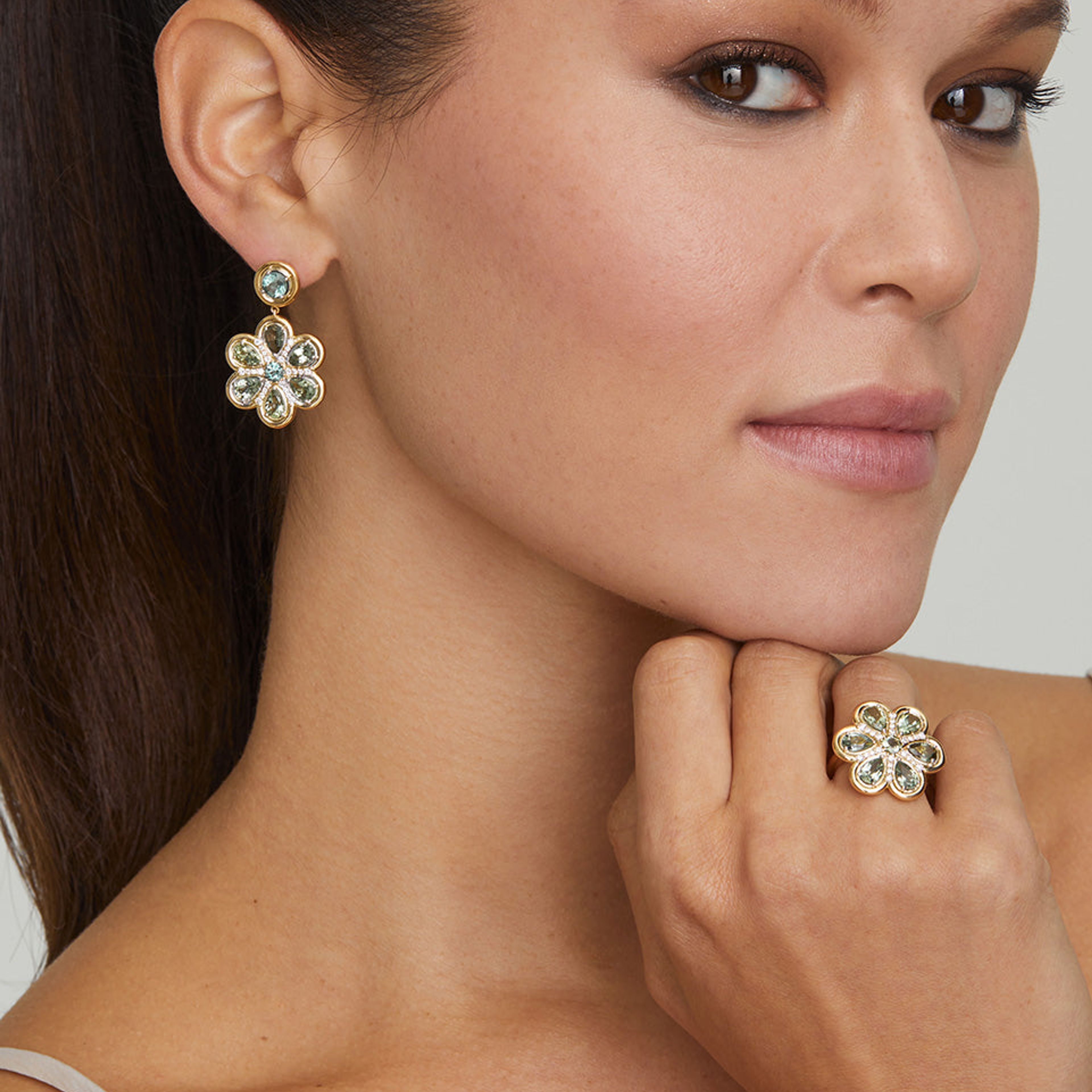 Yellow and White Gold Floral Earring with Tourmaline and Diamonds