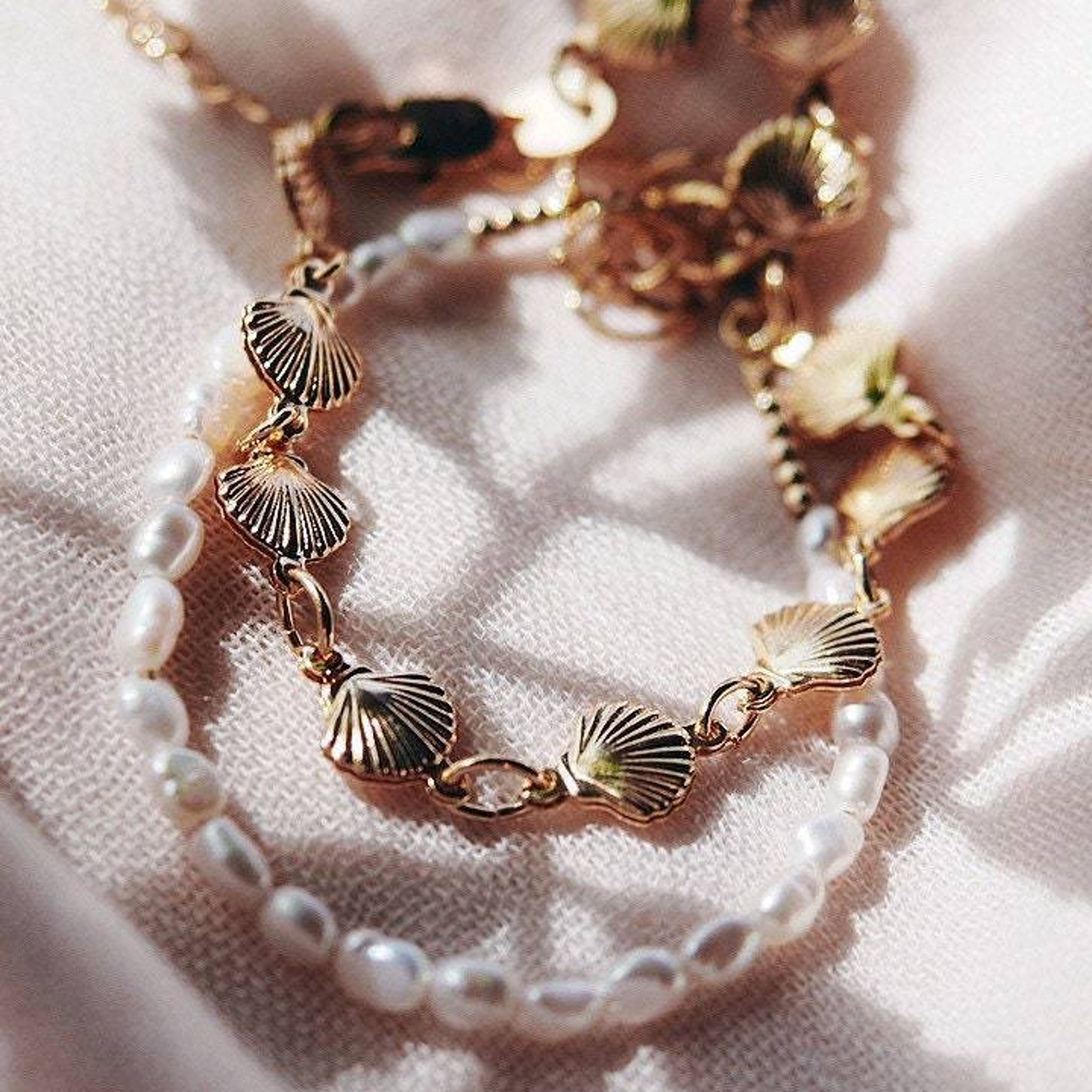 Gold Shell and Pearl Bracelet Set