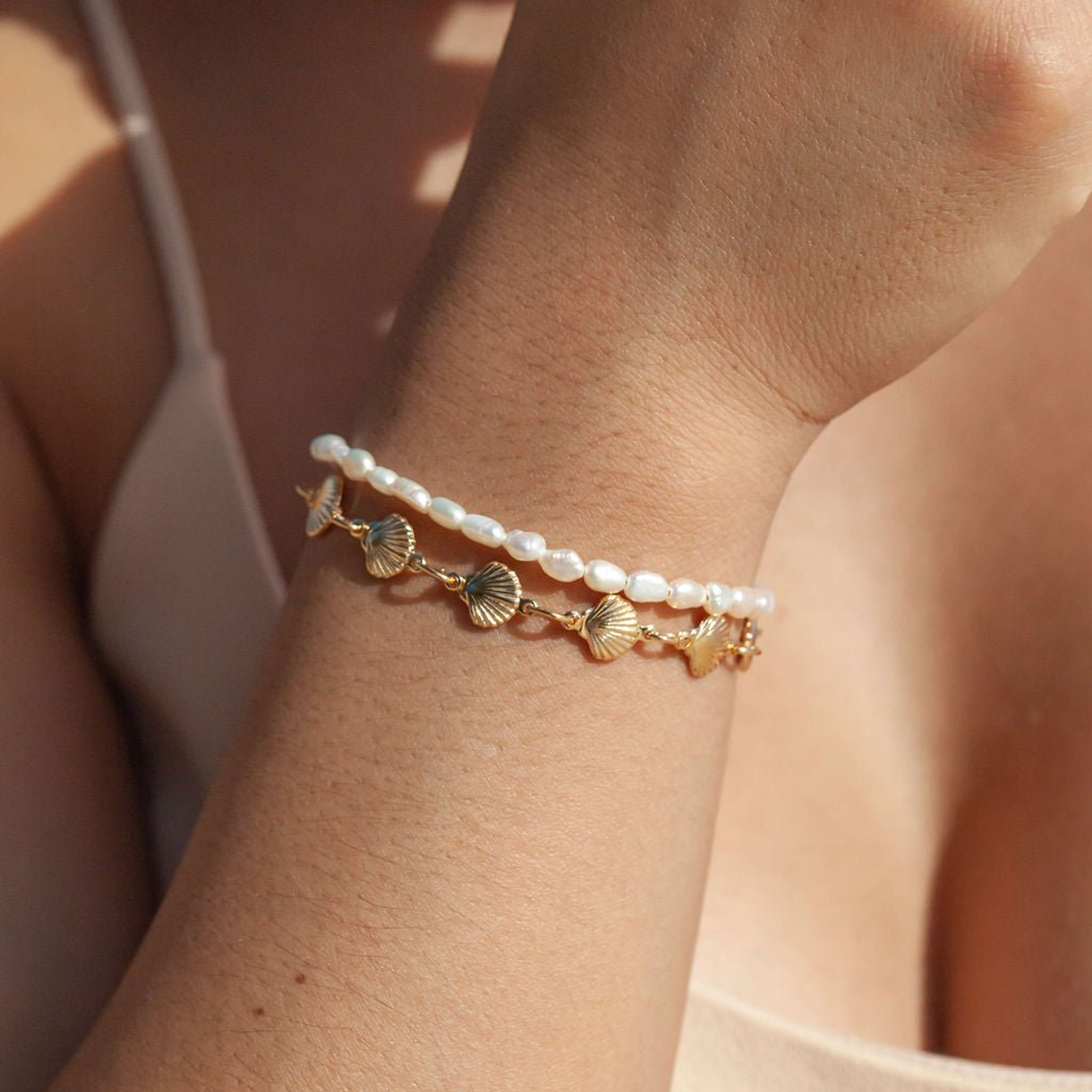 Gold Shell and Pearl Bracelet Set