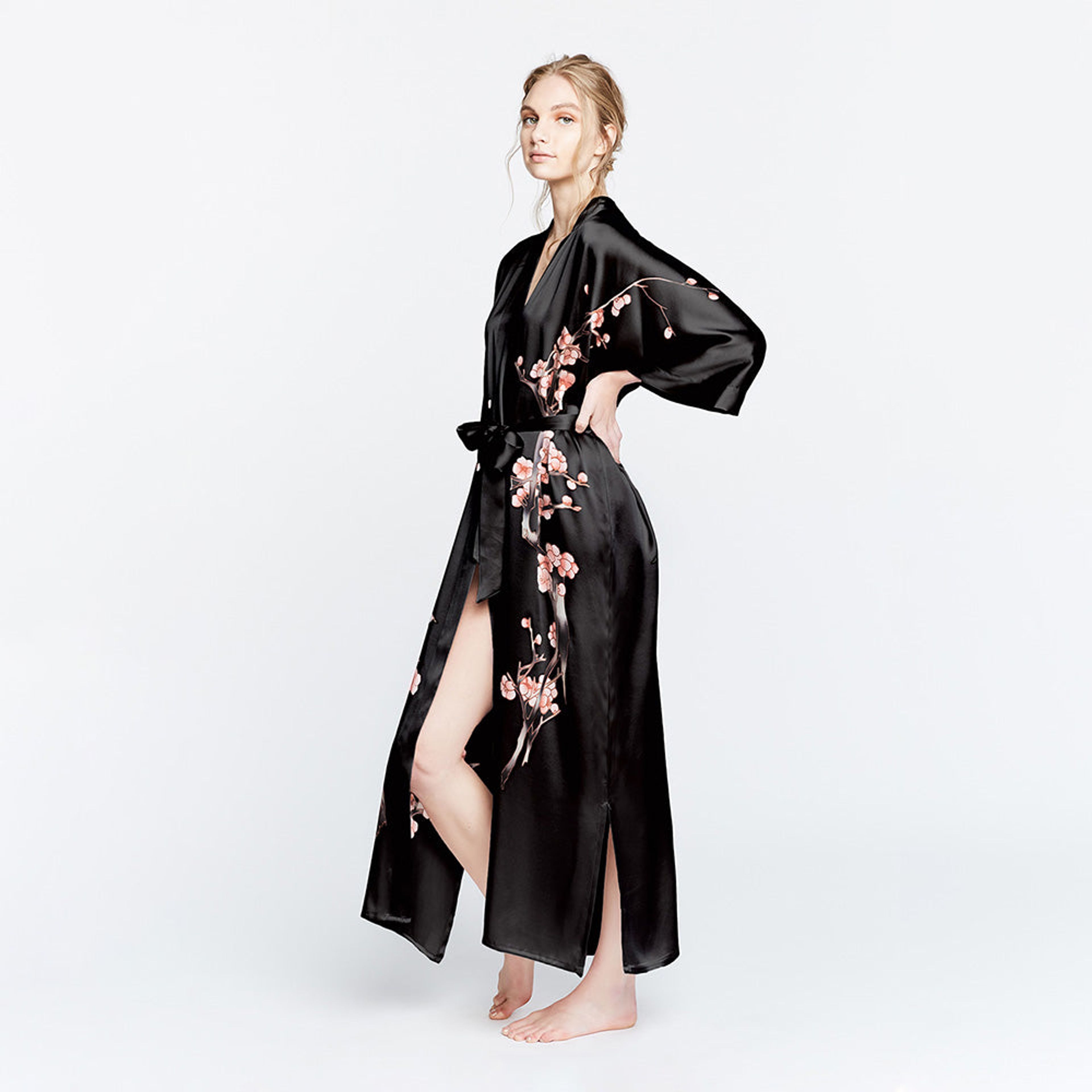 Silk Handpainted Cherry Blossom Long Kimono Robe