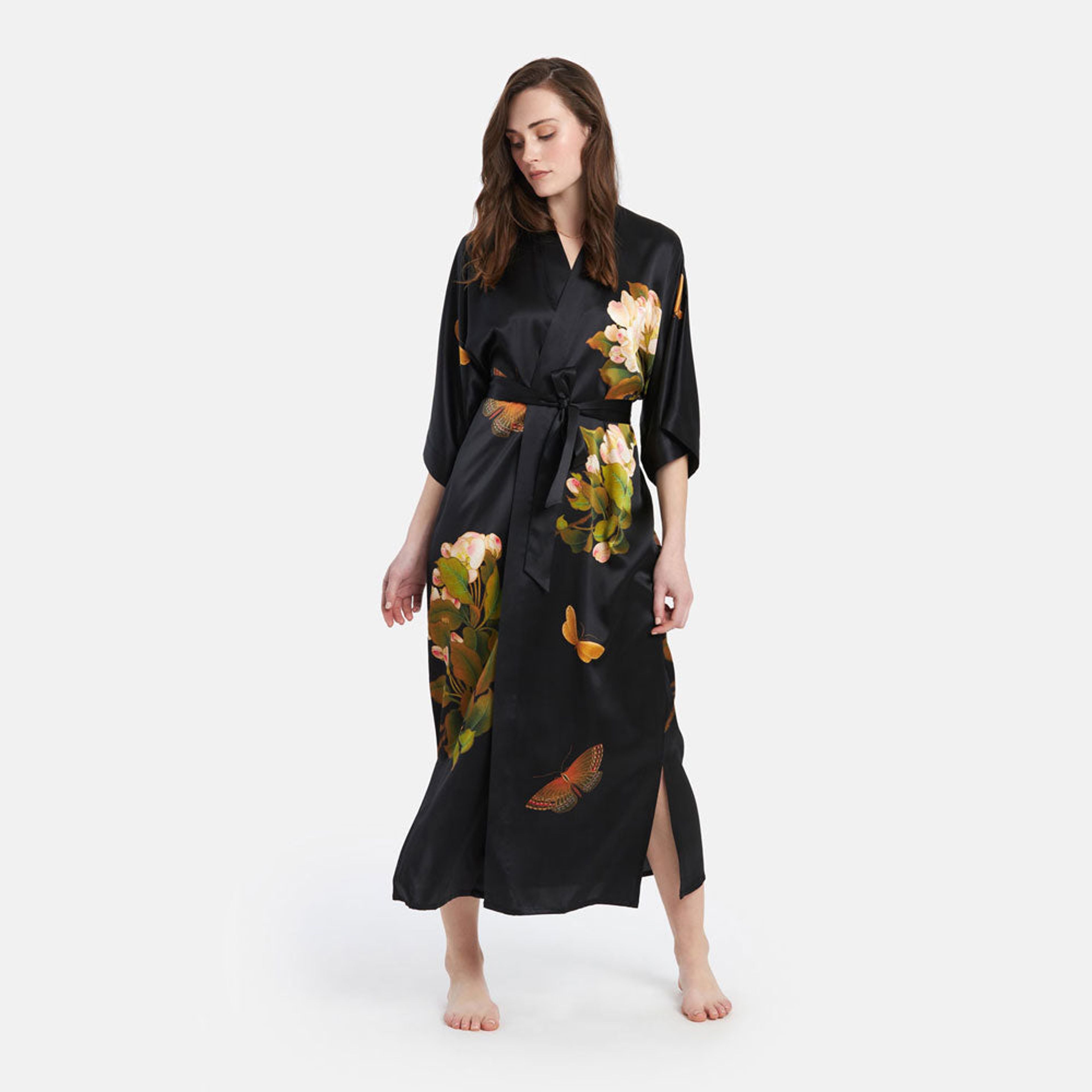 Washable Silk Peony & Butterfly Long Kimono Robe