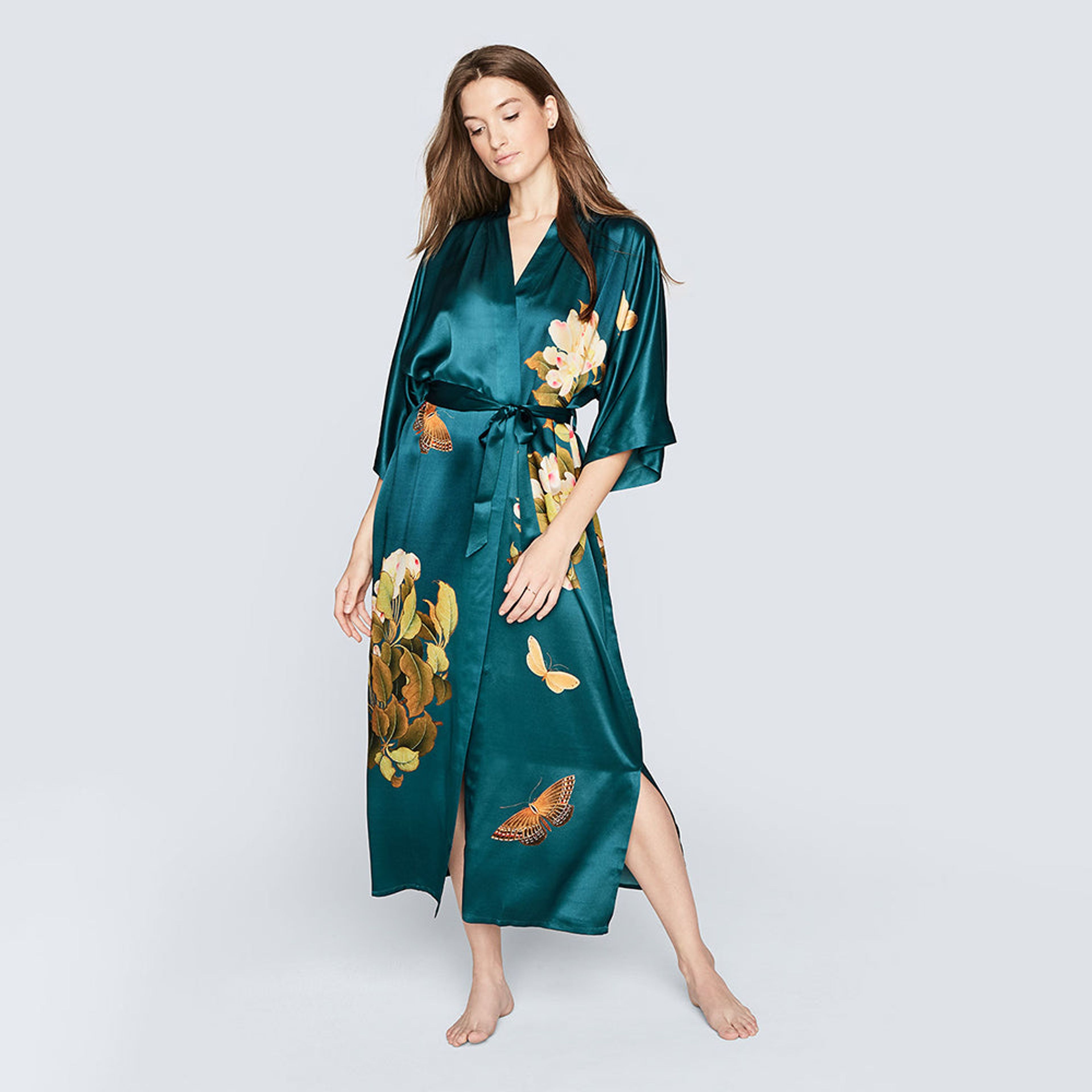Washable Silk Peony & Butterfly Long Kimono Robe