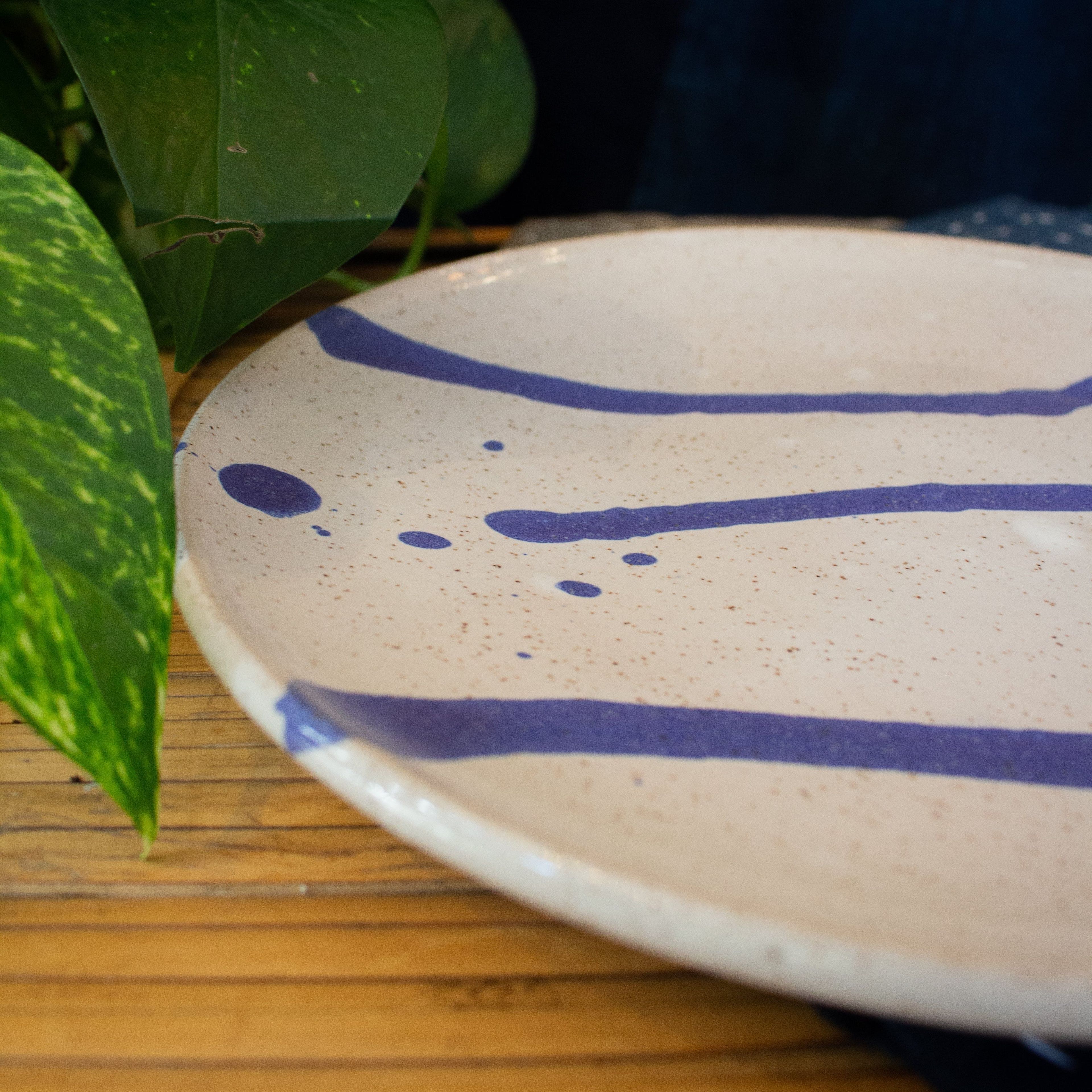 Almond Ave Pottery Plate, Vanilla Bean with Blue Stripes