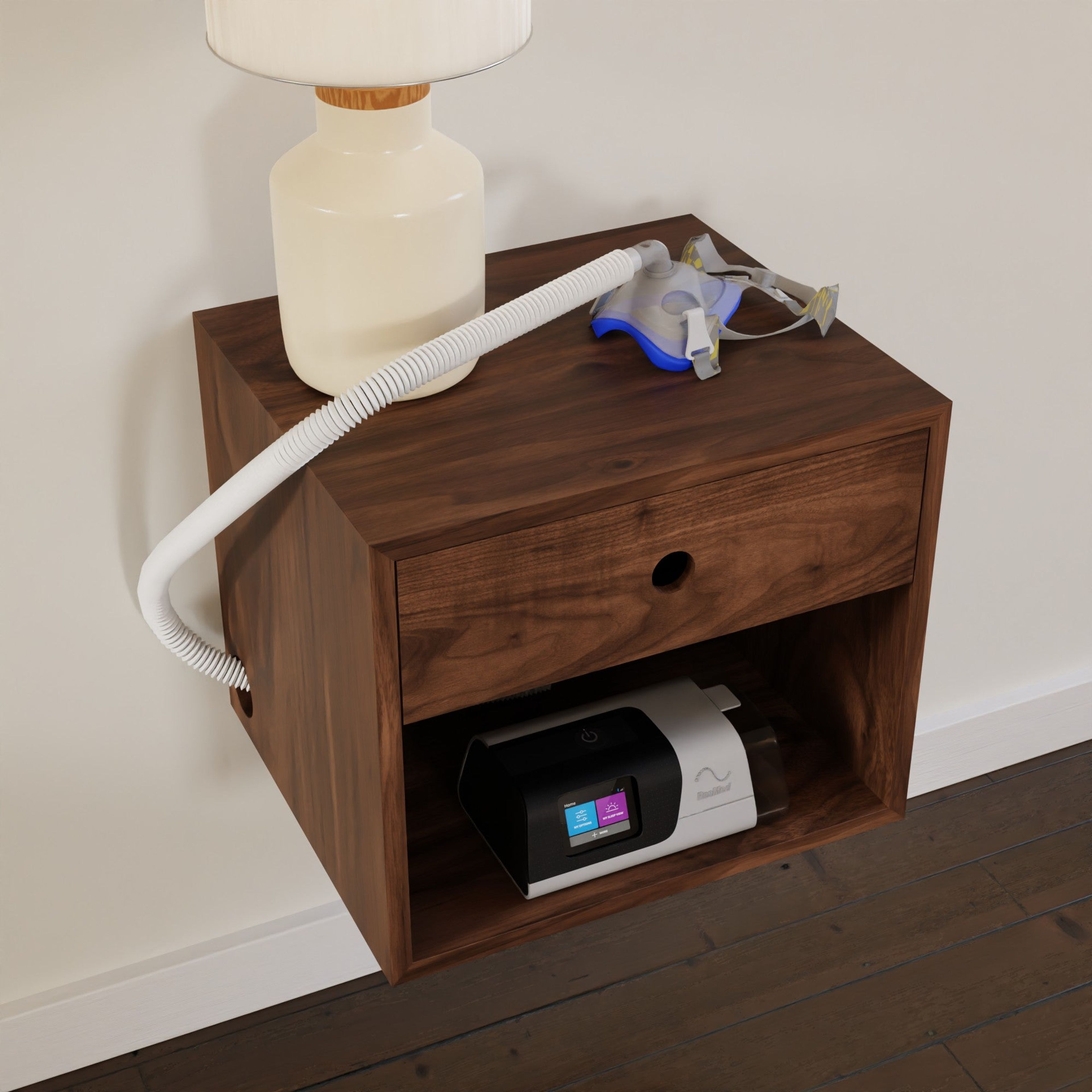 CPAP Floating Nightstand in Solid Walnut
