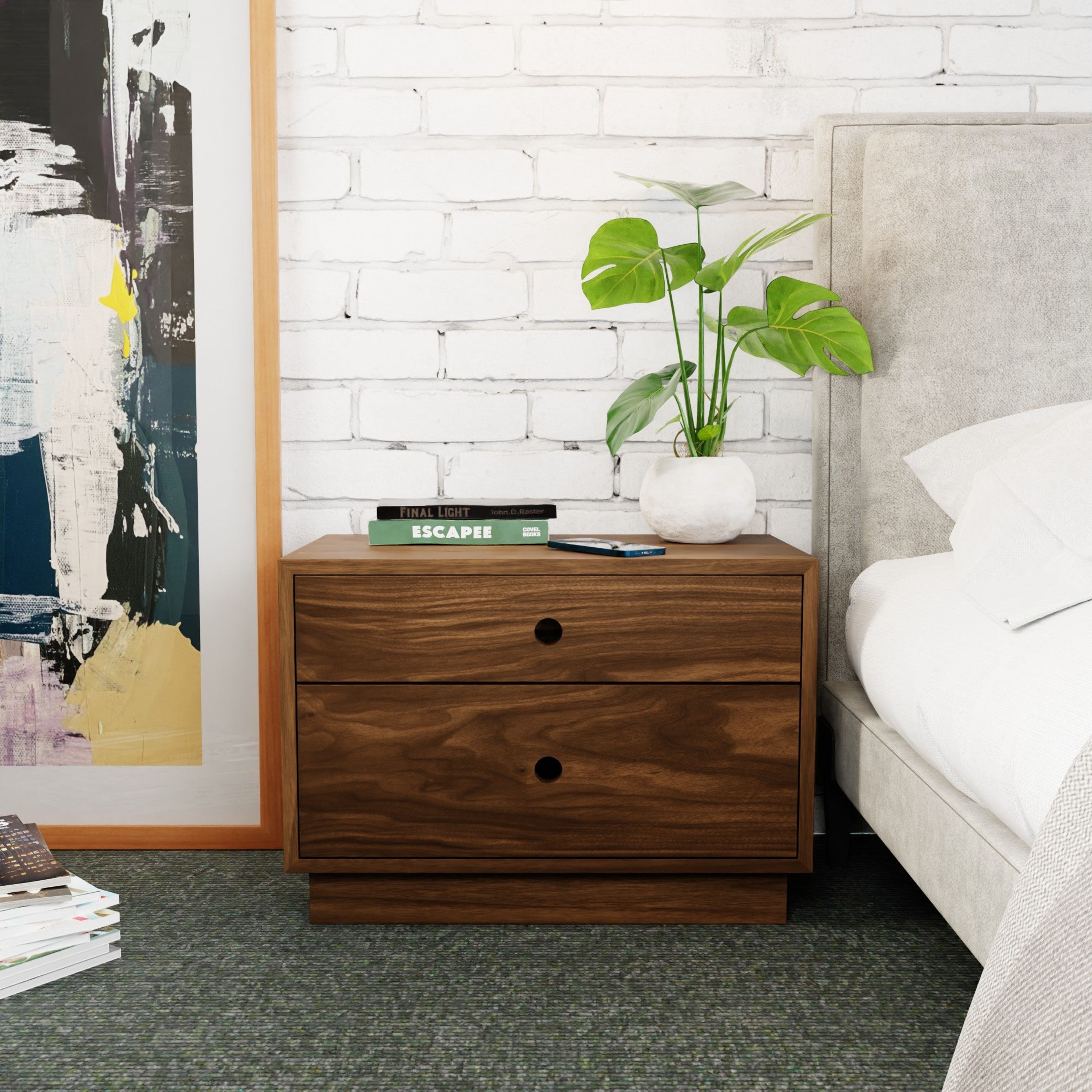 Walnut Freestanding Nightstand with Double Drawers