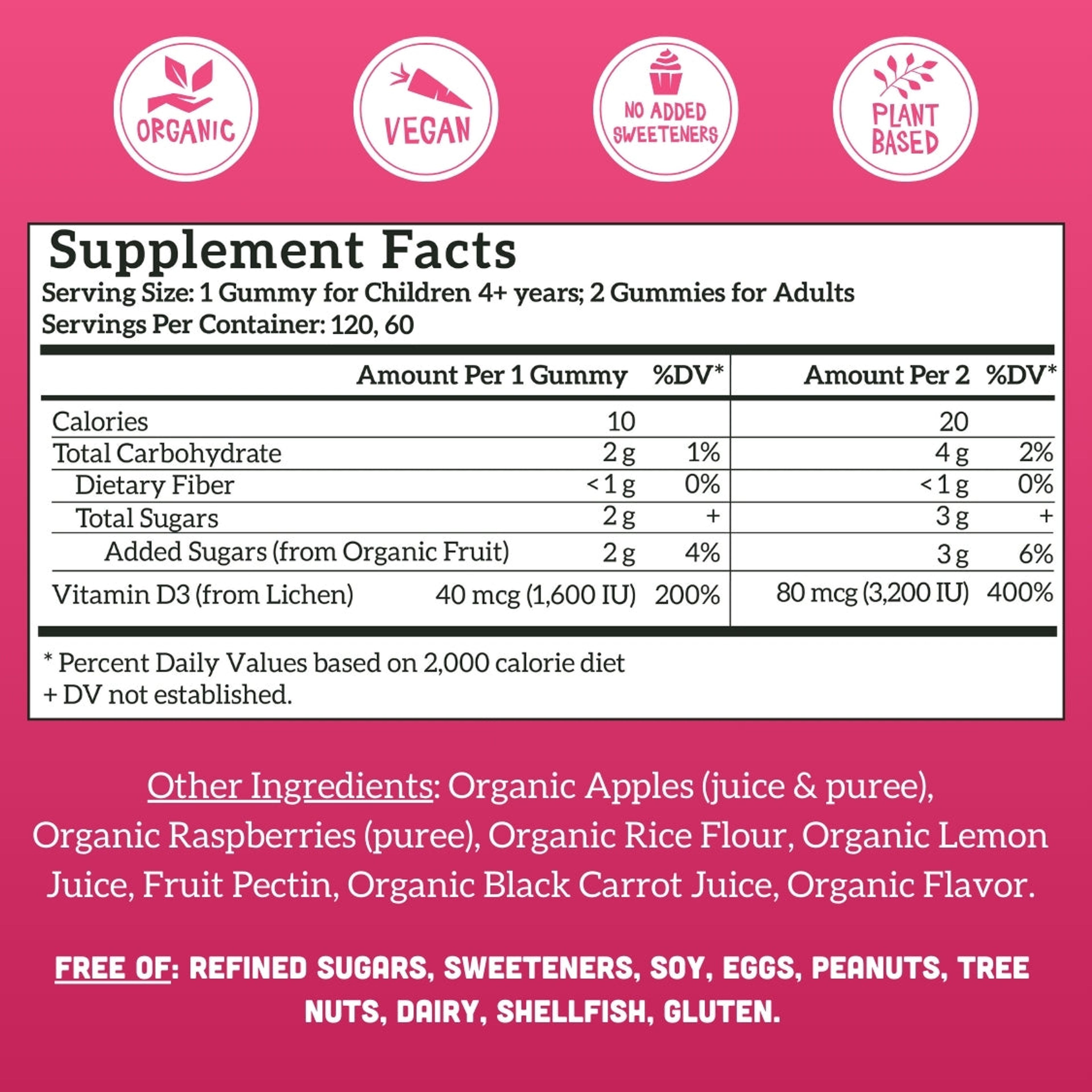 Kids & Adults Vitamin D3 - Raspberry (Organic) - 120 Count