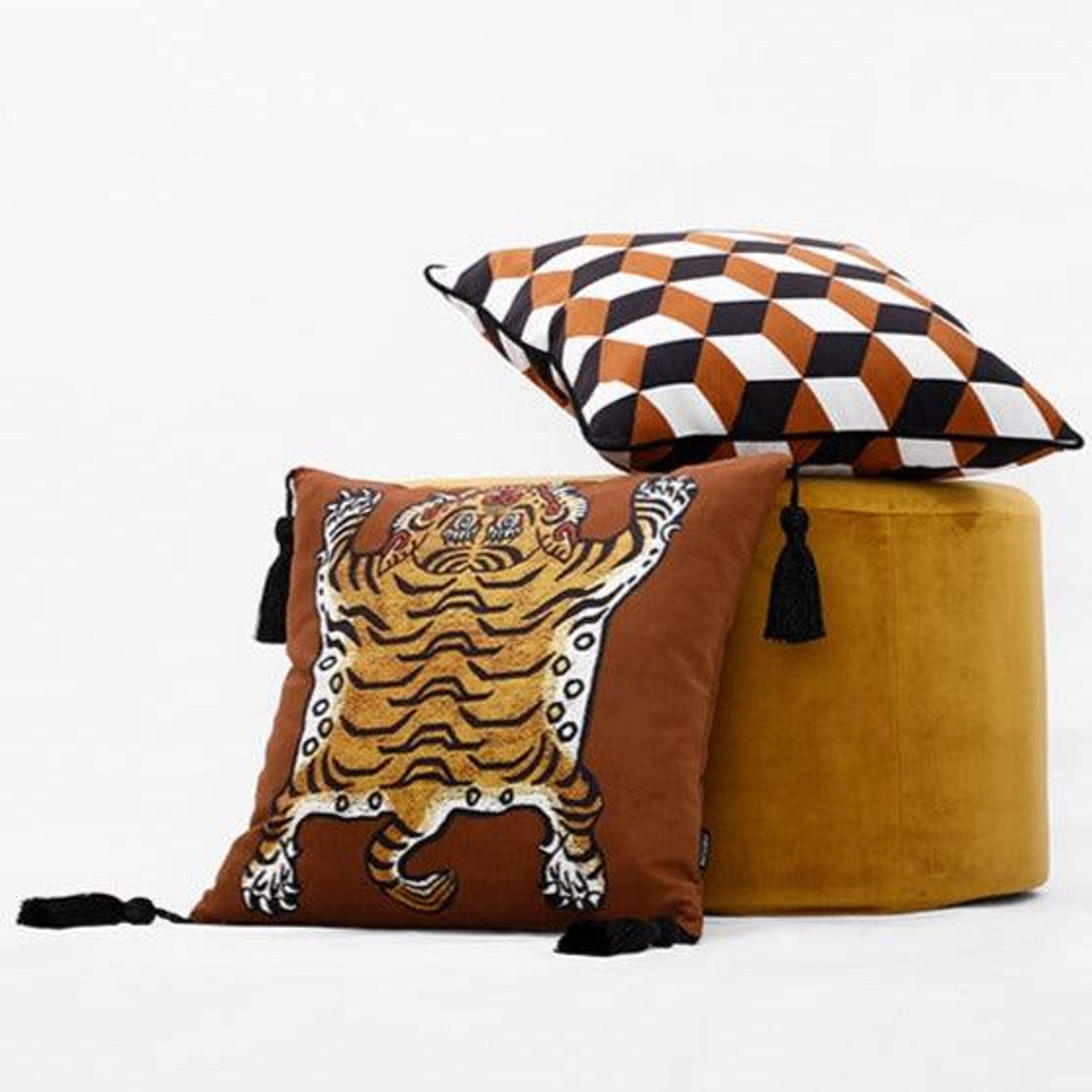 Tassel Tibetan Tiger Throw Pillow Cover - Caramel