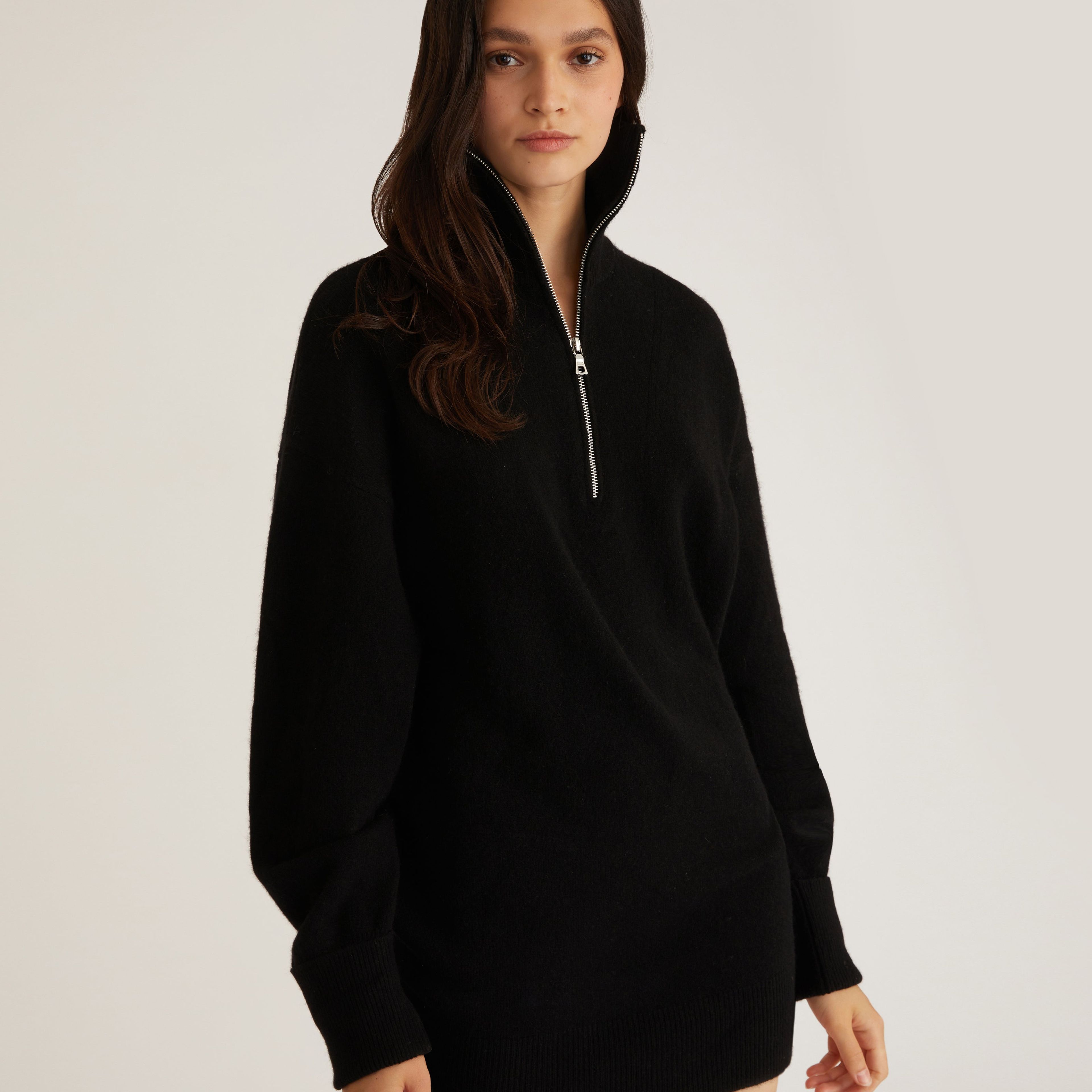 Wesley Slouchy Zip Front Cashmere Blend Sweater Dress in Black