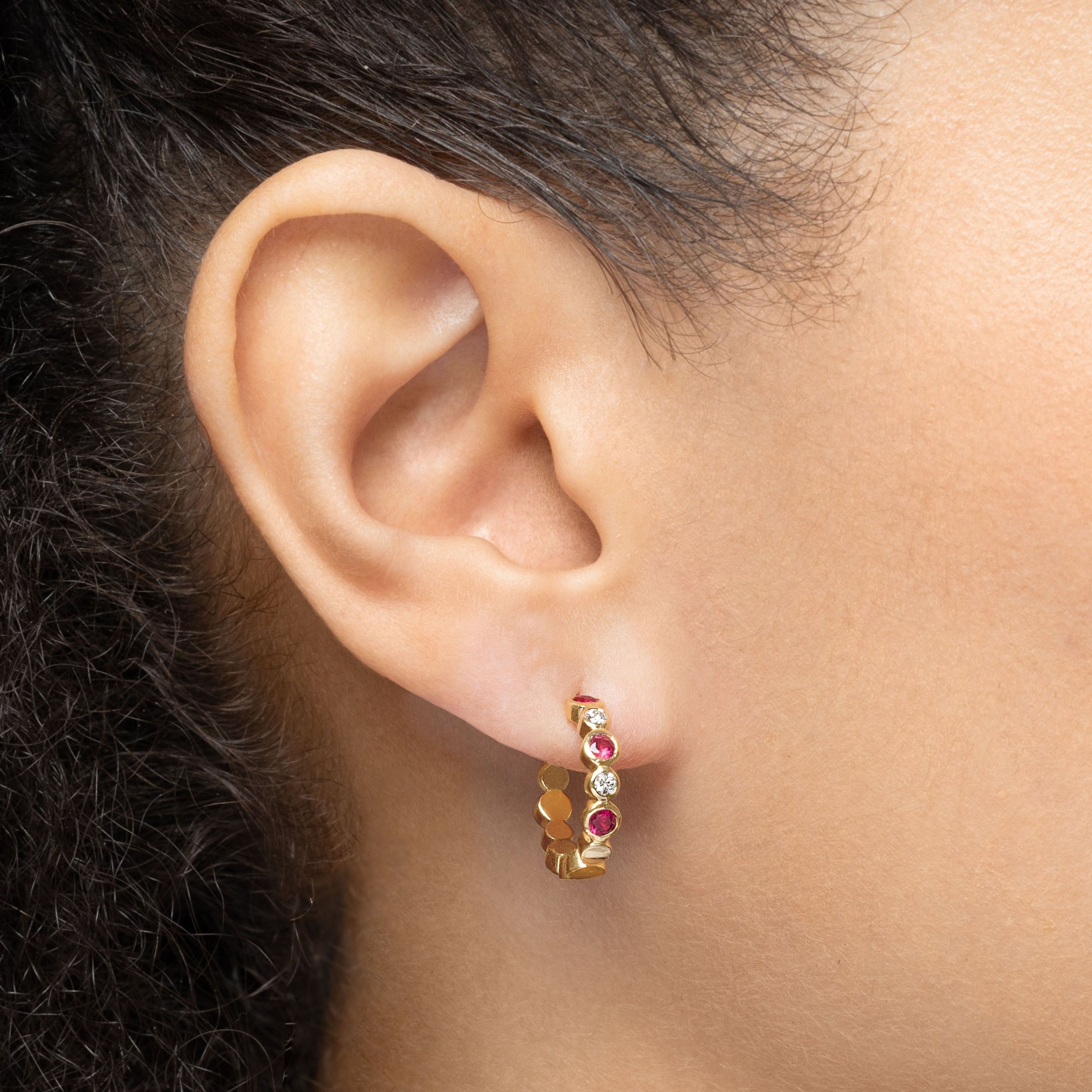 Bubbly Ruby and Diamond Mini Hoop Earrings
