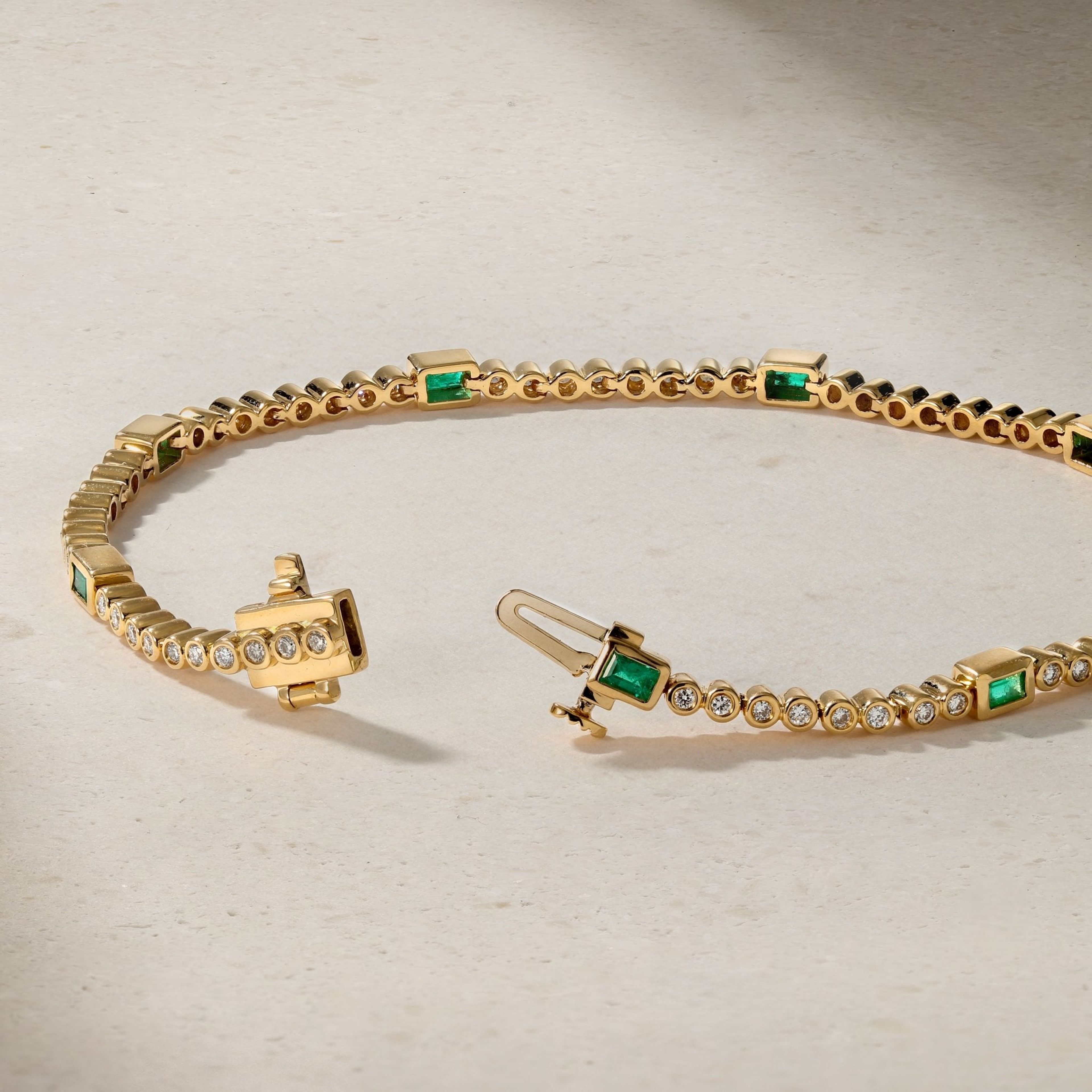 Classic Bezel Baguette Emerald and Round Diamond Tennis Bracelet