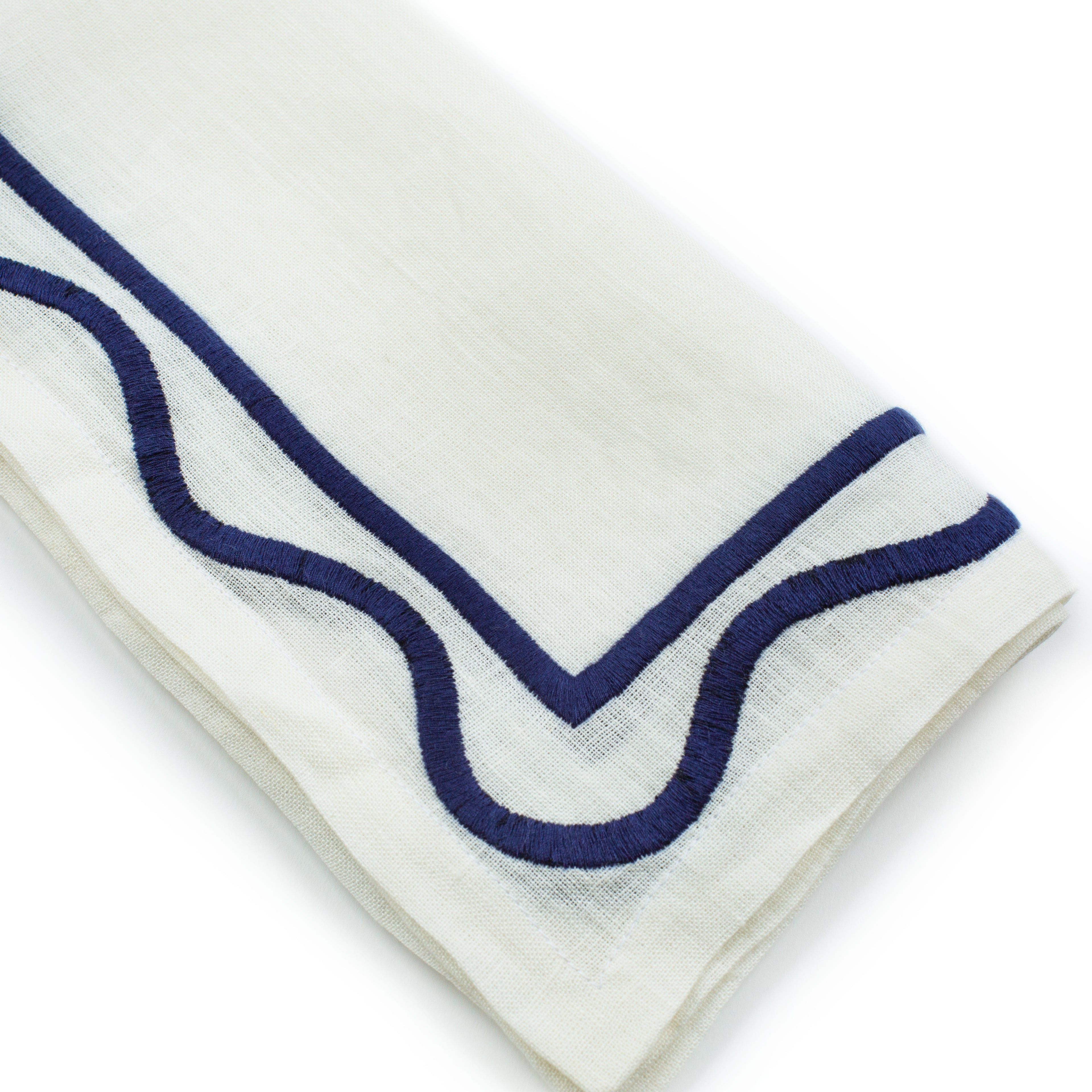 Colorblock Embroidered Linen Napkins in Dark Blue (Set of 4)