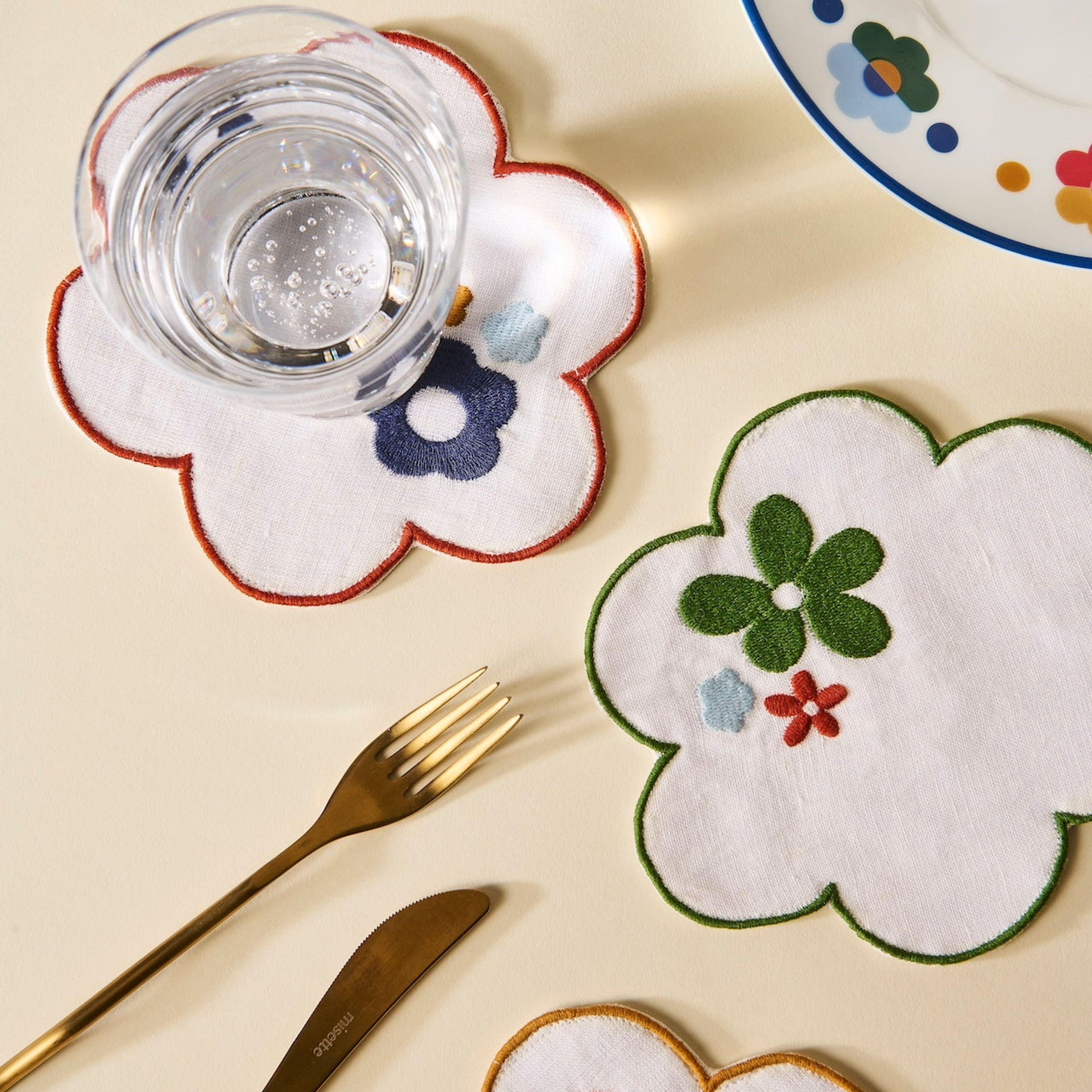 Floral Embroidered Linen Coasters (Set of 4)