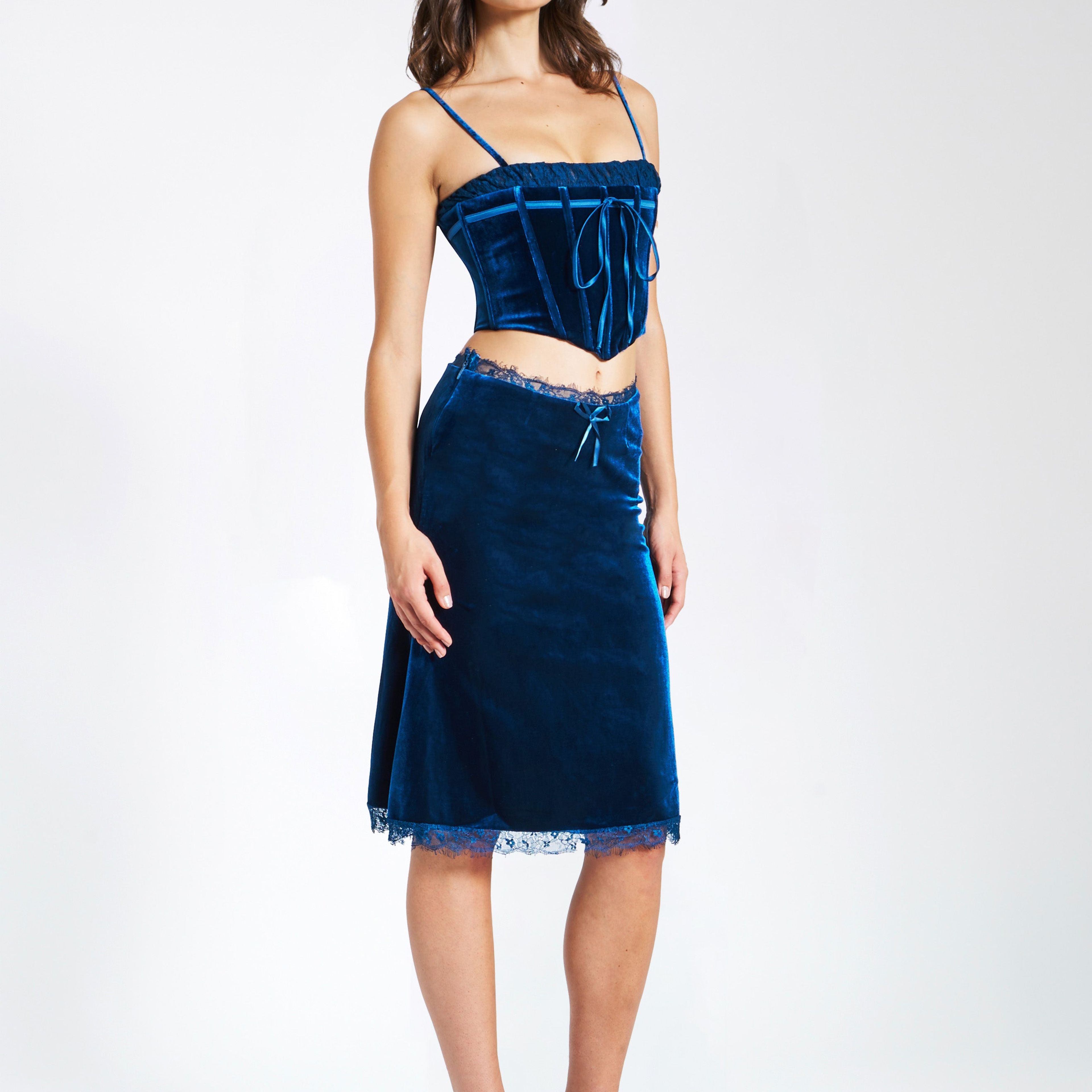Miss Circle Londyn Teal Velvet Corset Top With Lace Trim on Marmalade