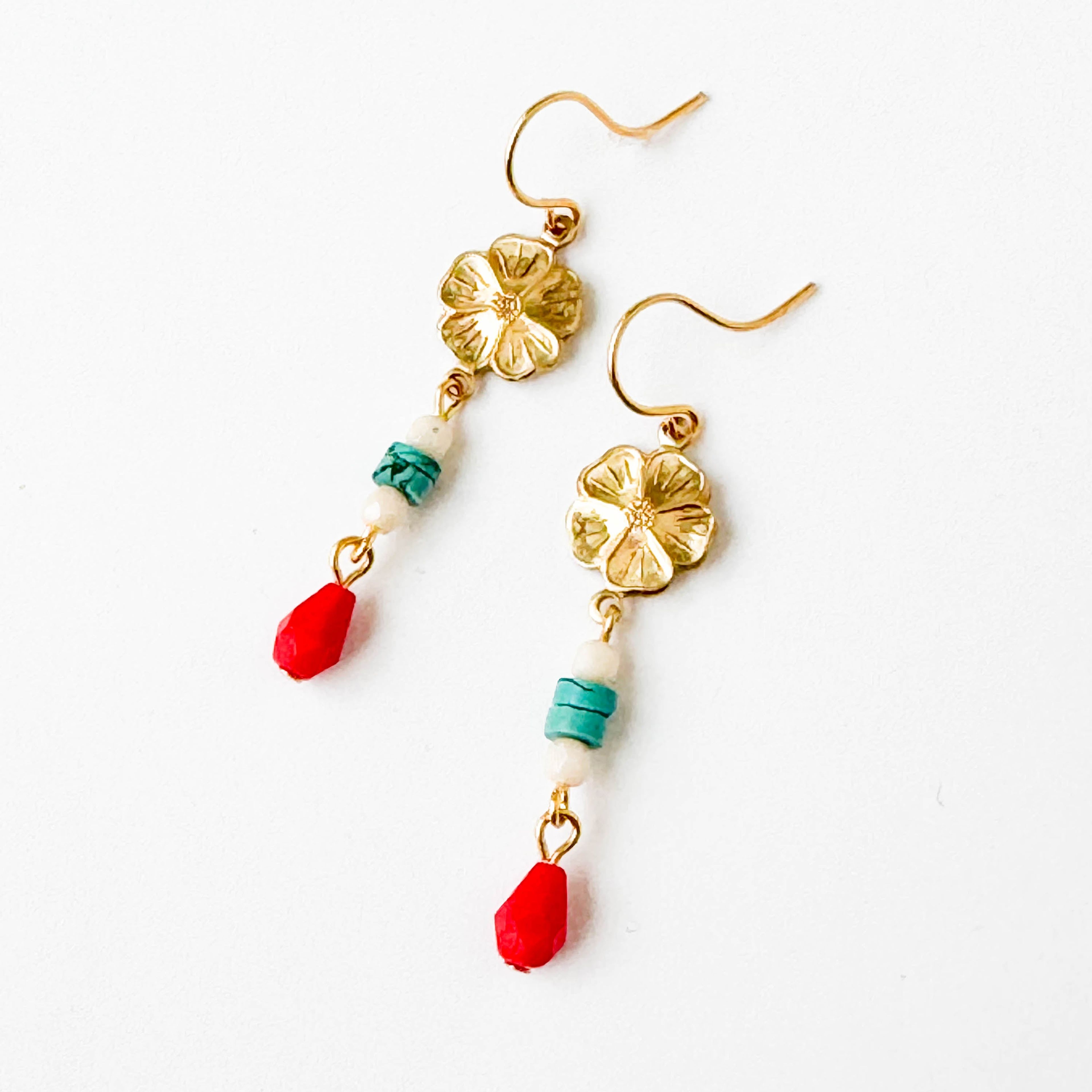 Long Flower Earrings with Turquoise Stones and Red Beads